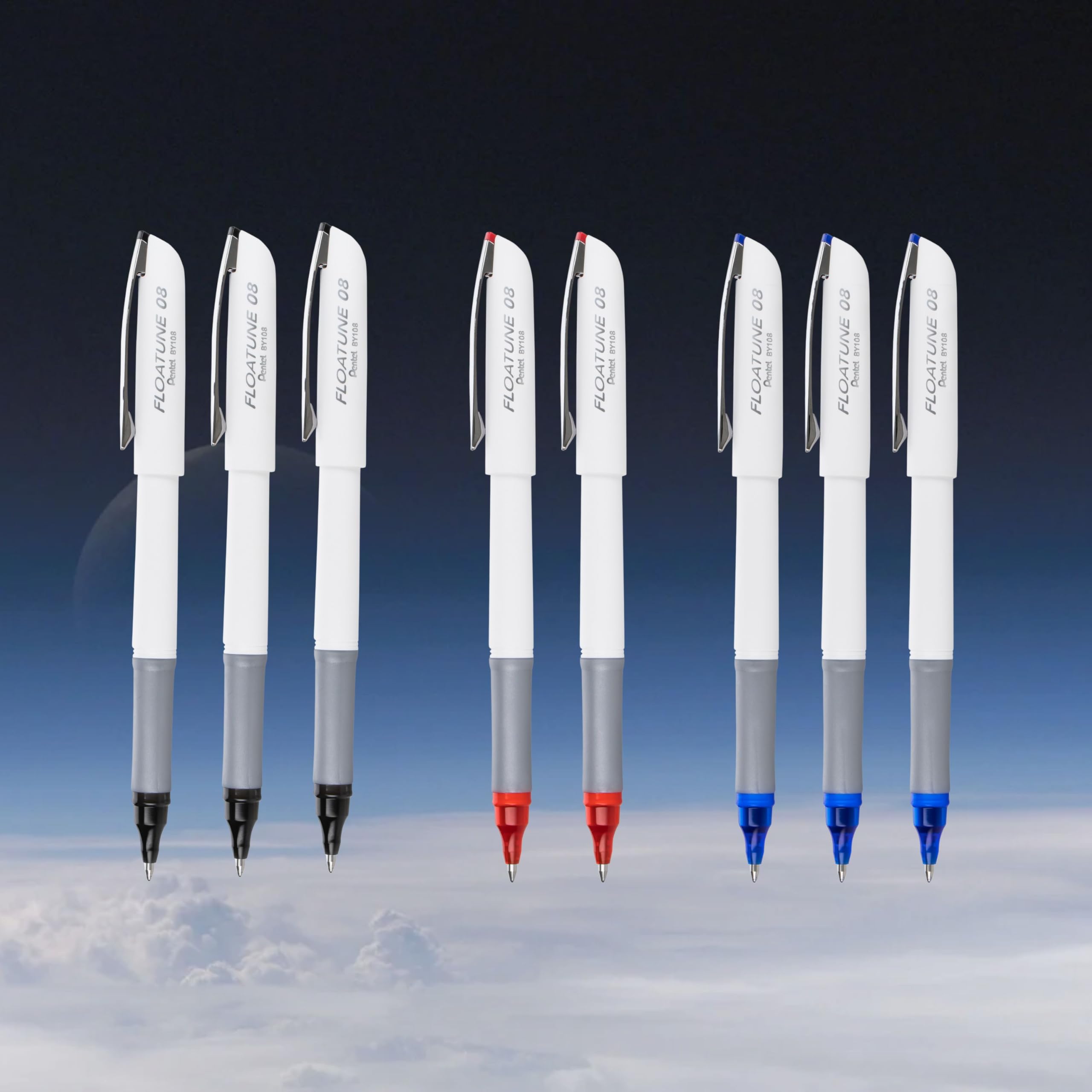 Pentel Floatune Rollerball Pen 0 8mm Medium Point Black Blue Red Ink Pack of 8 pens BY108PF8OFC — view 2