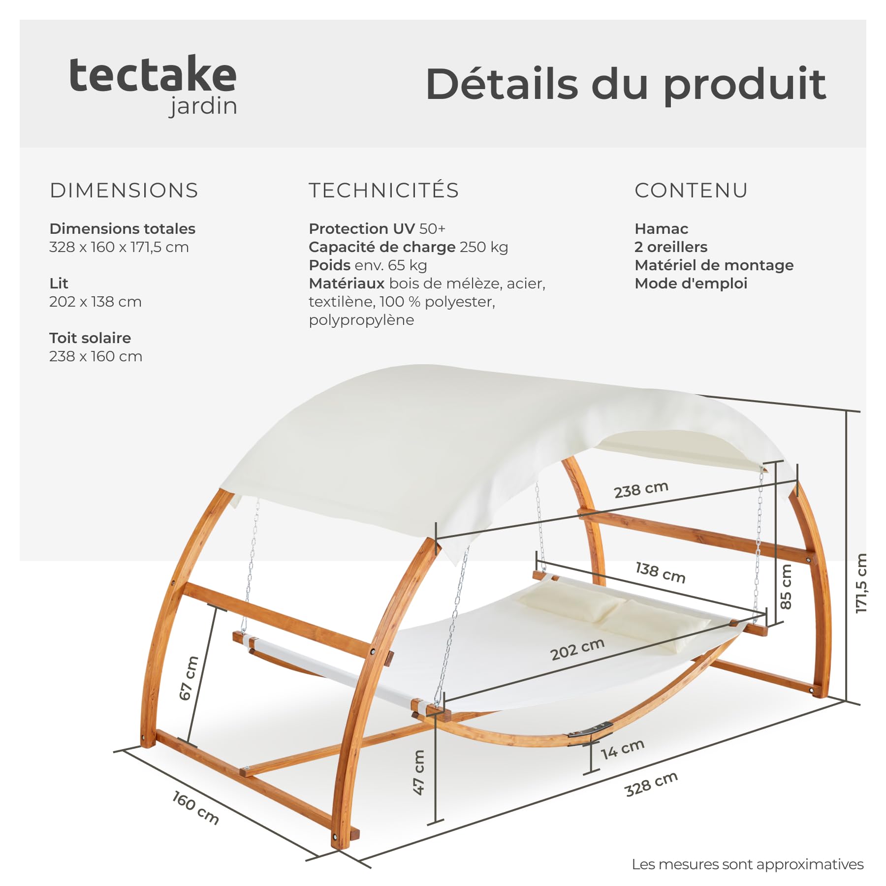tectake® Hamac sur Pied XXL Hamac 2 Places Coton avec Toit & Support en Bois 328 x 160 x 172 cm, Supporte jusqu'à 250 kg, Couchage 202 x 138 cm, 2 Coussins Inclus pour Terrasse Exterieur Piscine