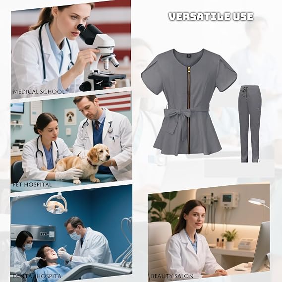 Scrubs Set,Nurse Uniform,Uniforms Women's Essential,Women's Medical Suit with Zipper,V-Neck Healthcare Scrub