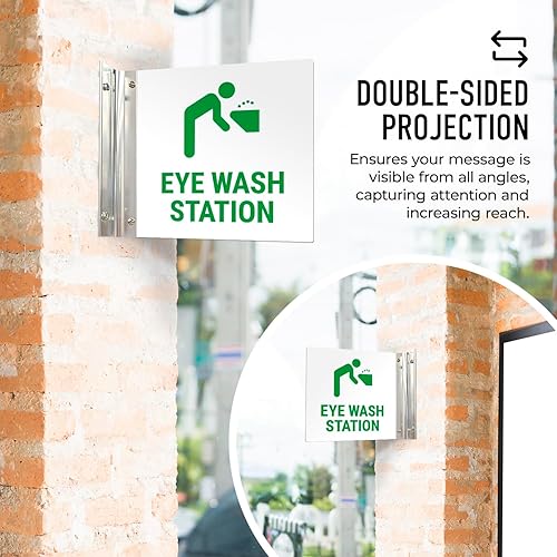 Miniatura 3 de Letrero de proyección de estación de lavado de ojos, doble cara, 6x6 pulgadas, ACM, con accesorio de níquel cepillado, fabricado en Estados Unidos
