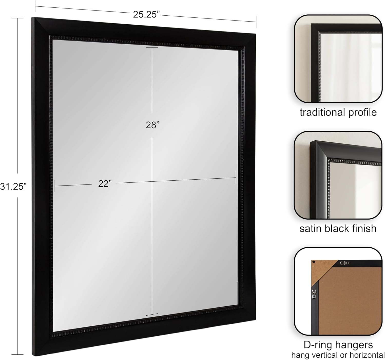 Kate and Laurel Monetta Traditional Framed Rectangle Bathroom Vanity Mirror, 28 x 40, Black, Rectangular Textured Large Bathroom Mirror for Over Sink or for Use as Entryway or Living Room Decor