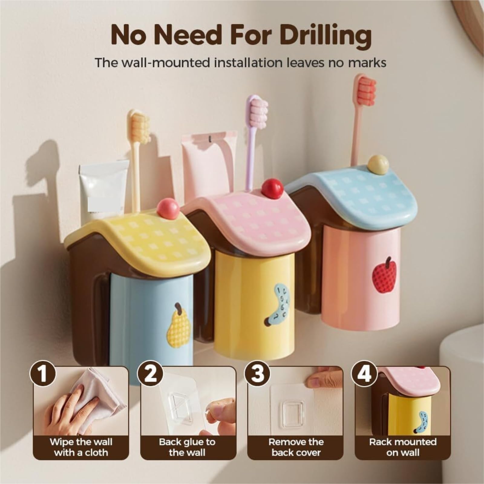 Portacepillos De Dientes para Baño Y Ducha Soporte Magnético For Cepillo De Dientes Baño con Taza, Estante For Enjuague Bucal, Montado En La Pared, Sin Taladro(Yellow)