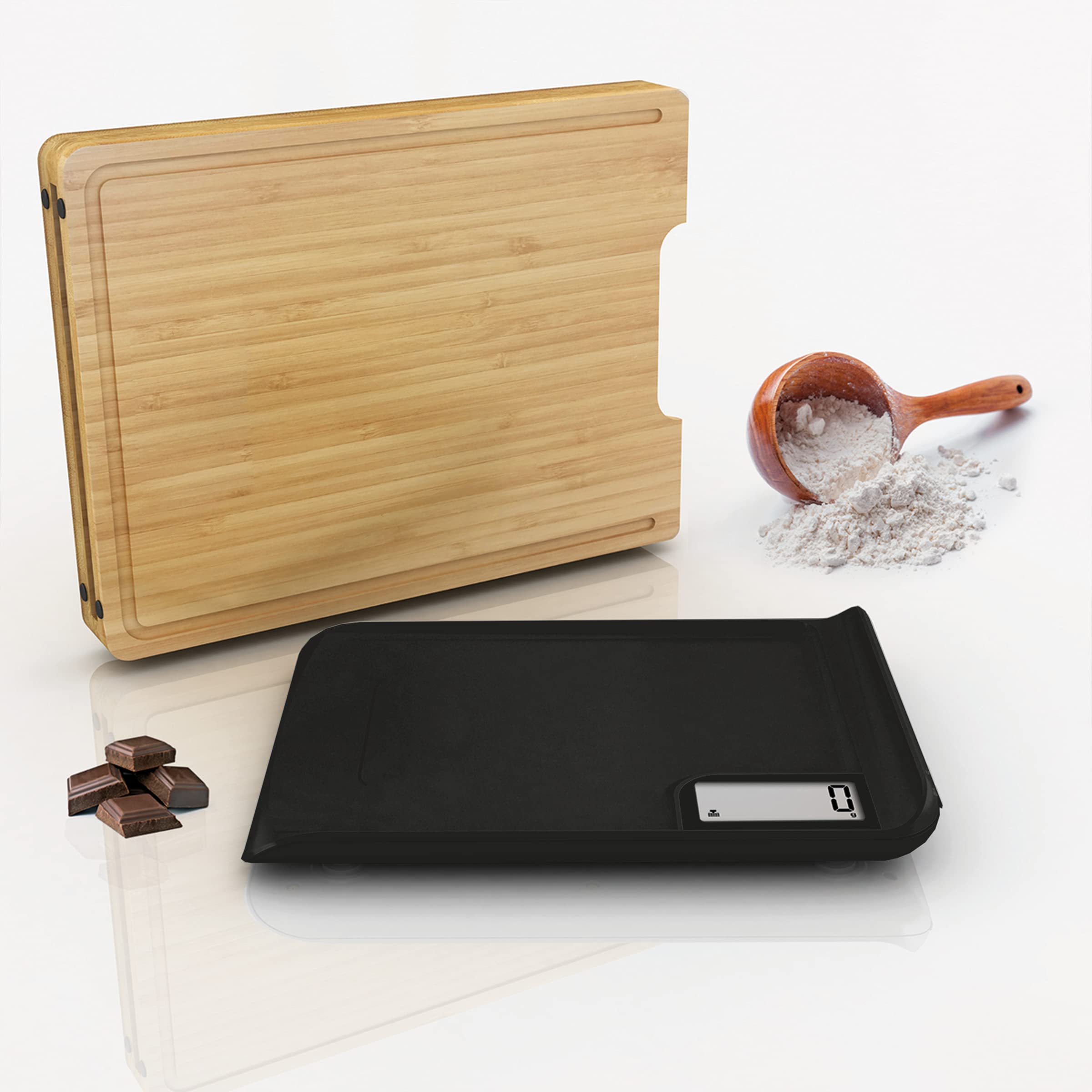 LITTLE BALANCE 8399 Chef 5 Trio USB Küchenwaage, Wiederaufladbar USB, 3-in-1 Waage, Schneiden, Wiegen, Ausgießen, alles in einer einzigen Küchenwaage, 5 kg, Schwarz & Bambus