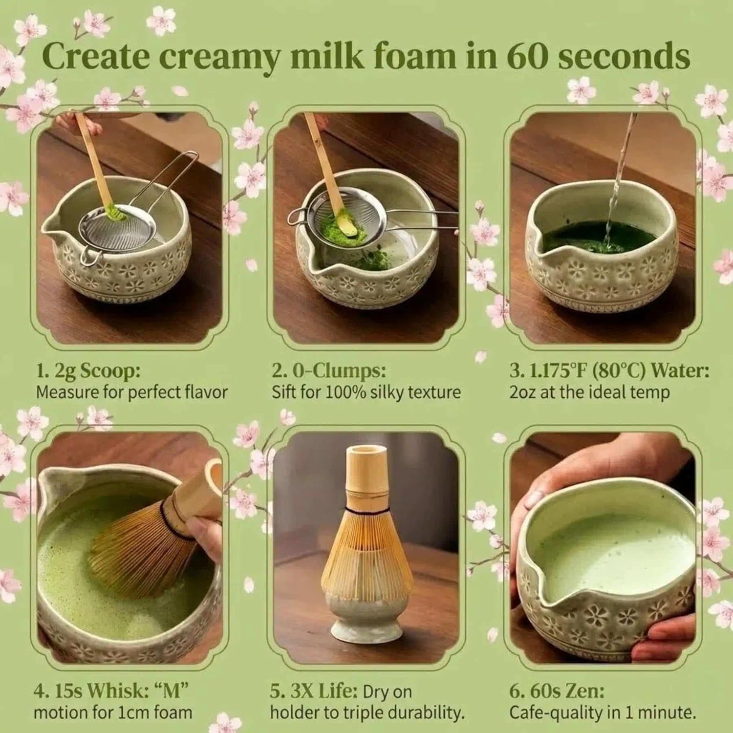 Matcha Whisk Set for Beginner: 7-in-1 Complete Kit, Easy to Use Guide, 60s Dense Foam, High Success Rate, Quality Ceramic & Food Safety Certified, Authentic Japanese Tea Ceremony for Lifestyle.