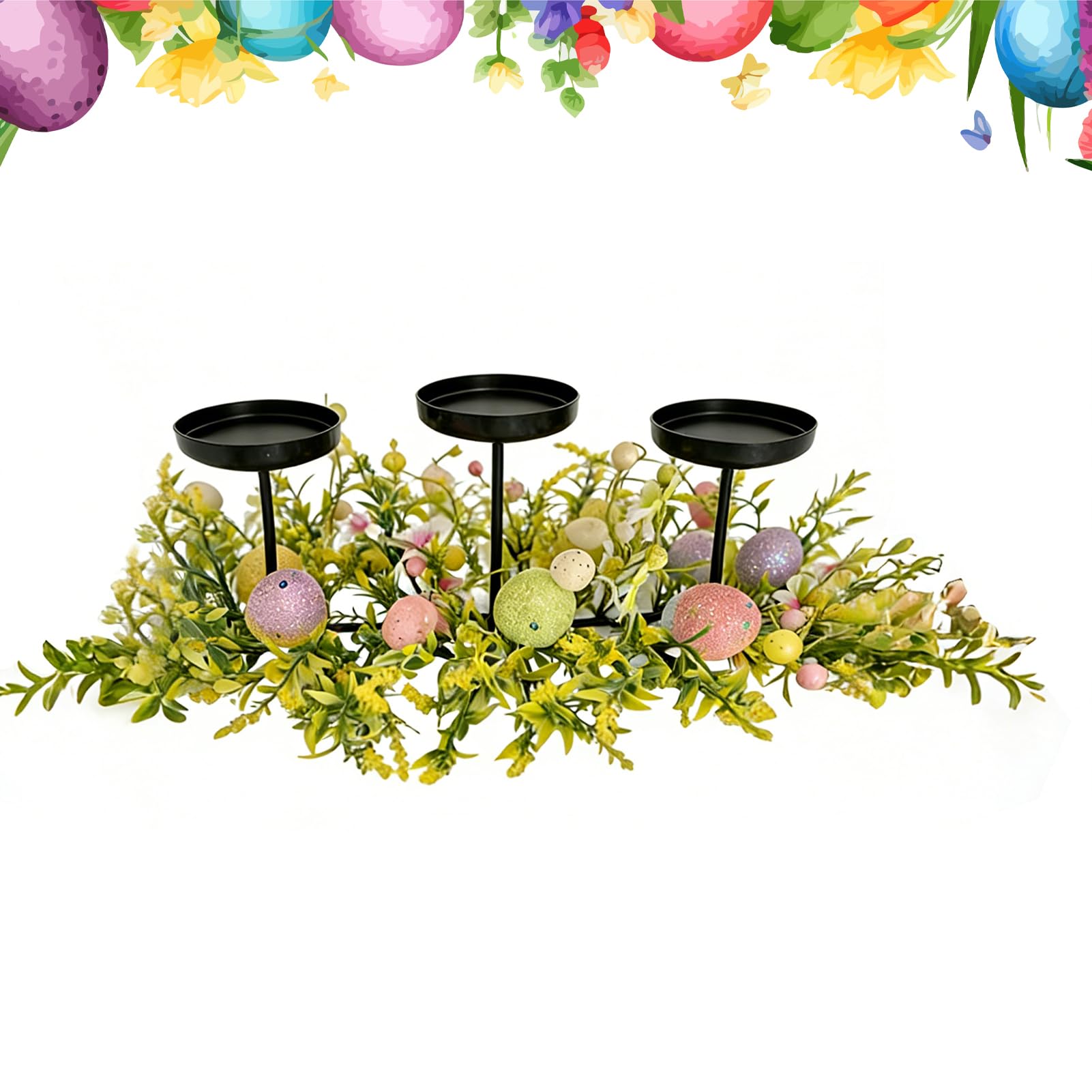 Bougeoir avec 3 plateaux en métal de printemps et œufs colorés pour décoration de table