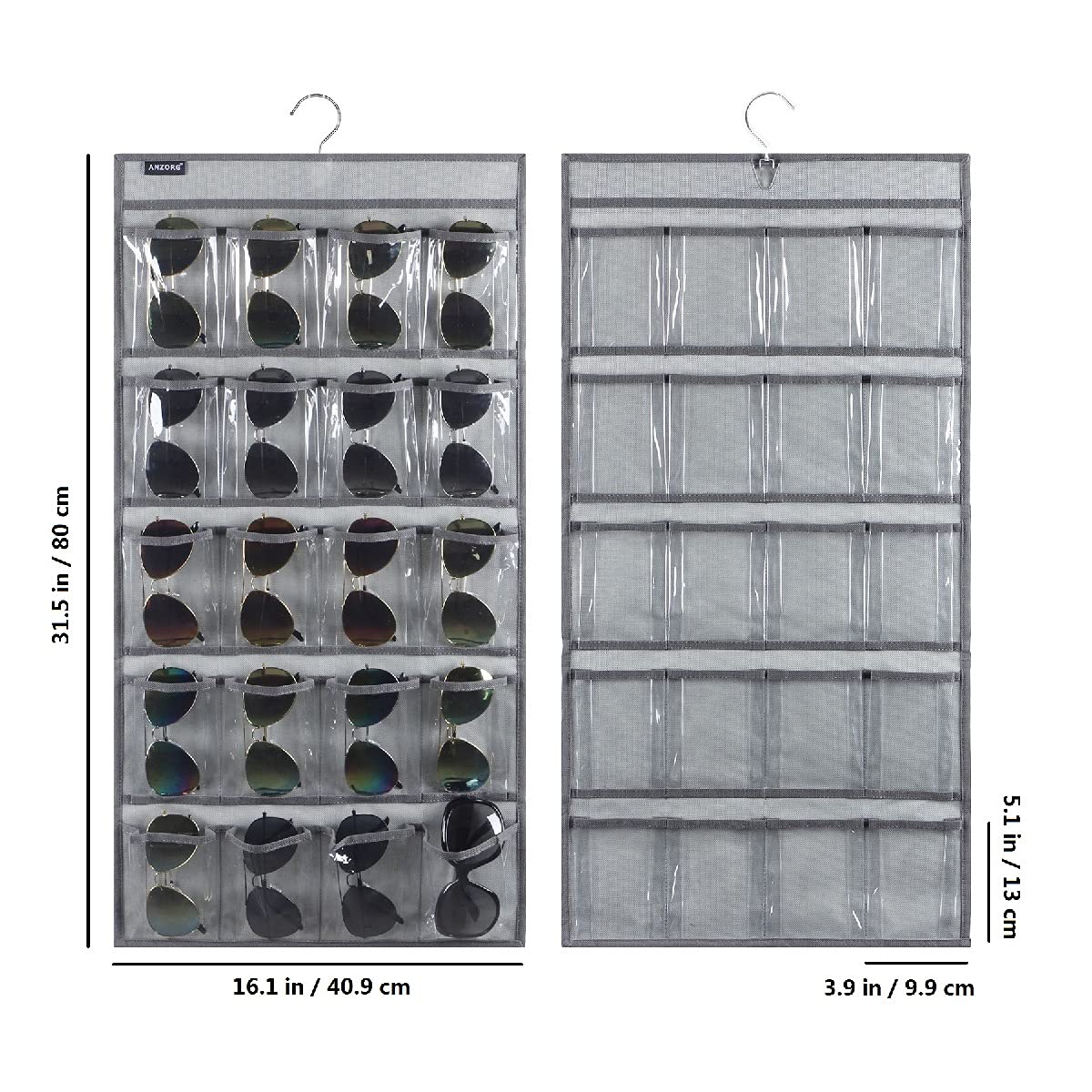 Over the Door Hanging Sunglasses Organizer Storage Sunglass Rack Holder Eyewear Display Case with 16 Clear Pockets
