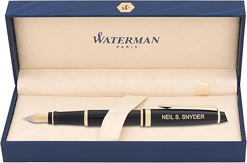 Waterman Pluma estilográfica | Pluma estilográfica WATERMAN Expert grabada, laca negra con borde dorado. Tinta de inicio, caja de regalo y