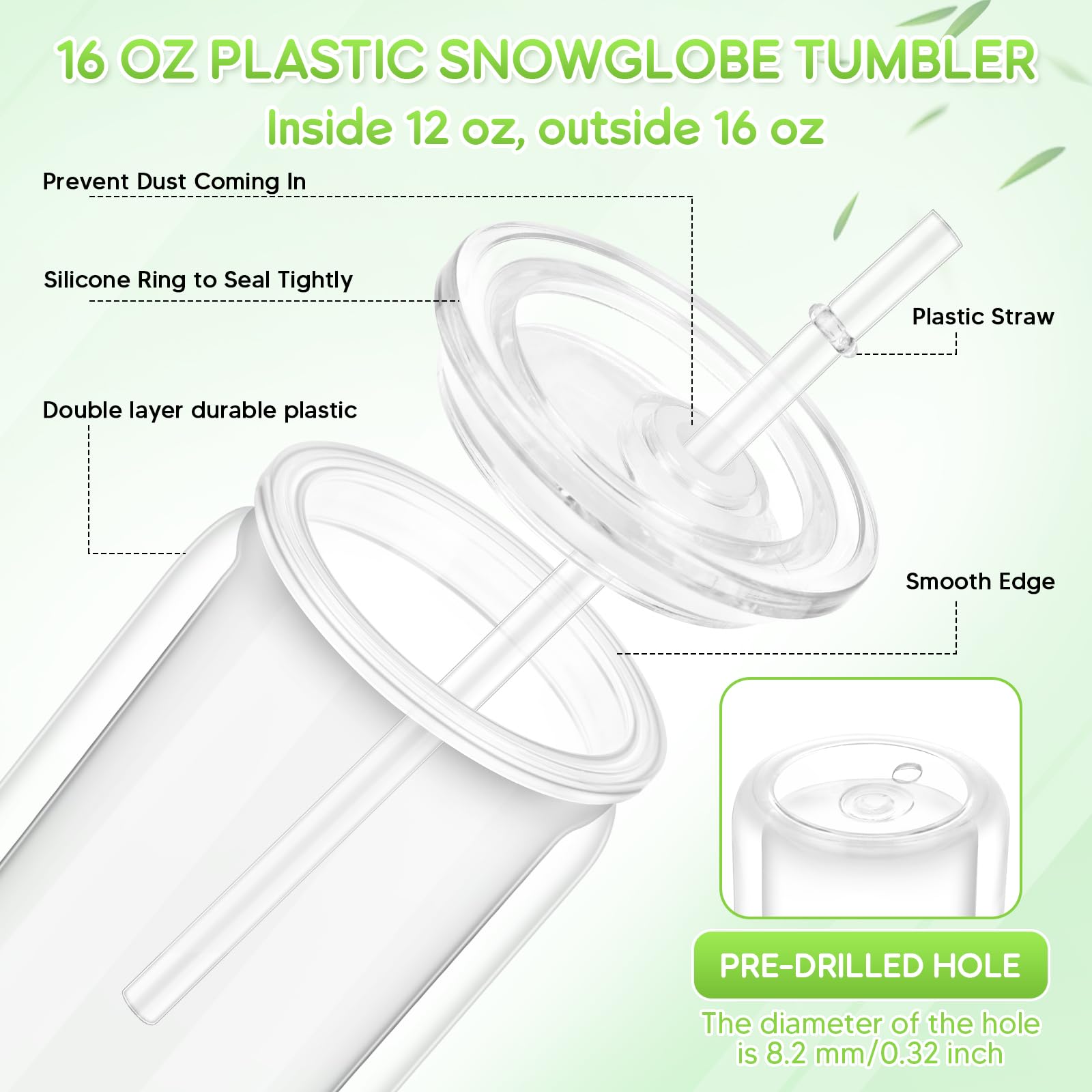 Juego de 8 vasos de bolas de nieve de plástico de doble capa con tapas | Vasos acrílicos transparentes de 16 onzas con tapones de silicona y botella exprimible para llenar y sellar