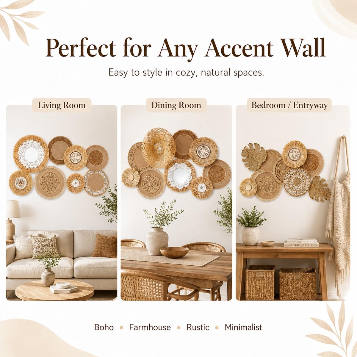 QCMVLGR Set Decoración de Pared Boho con Cestas Tejidas, Ratán Fibra Natural Hecho a Mano, 5 Estilos Combinables, Salón Dormitorio Comedor(B)