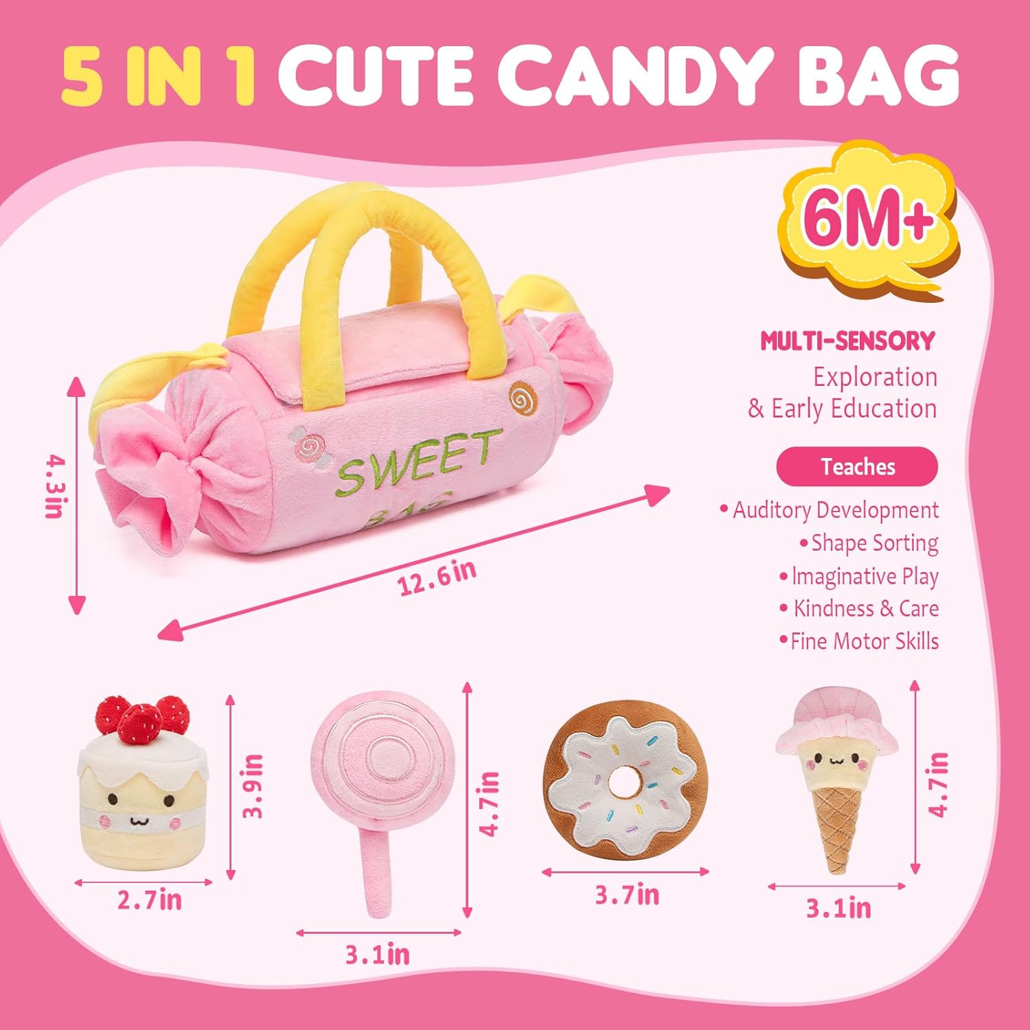 Baby Toys 6-12 Months,My First Candy Bag Plush Toy-5 Sensory dessert Soft Toys with Rattle, Crinkle Paper, Squeaker, Mirror,Busy Montessori Soft Toys for Toddlers,1st Birthday for Babies Girls