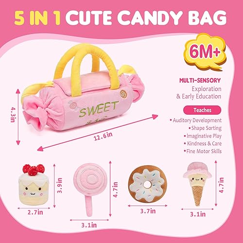Miniatura 4 de Juguetes para bebés de 6 a 12 meses, My First Candy Bag - 5 juguetes sensoriales para postres suaves con sonajero, papel arrugado, chirriante,