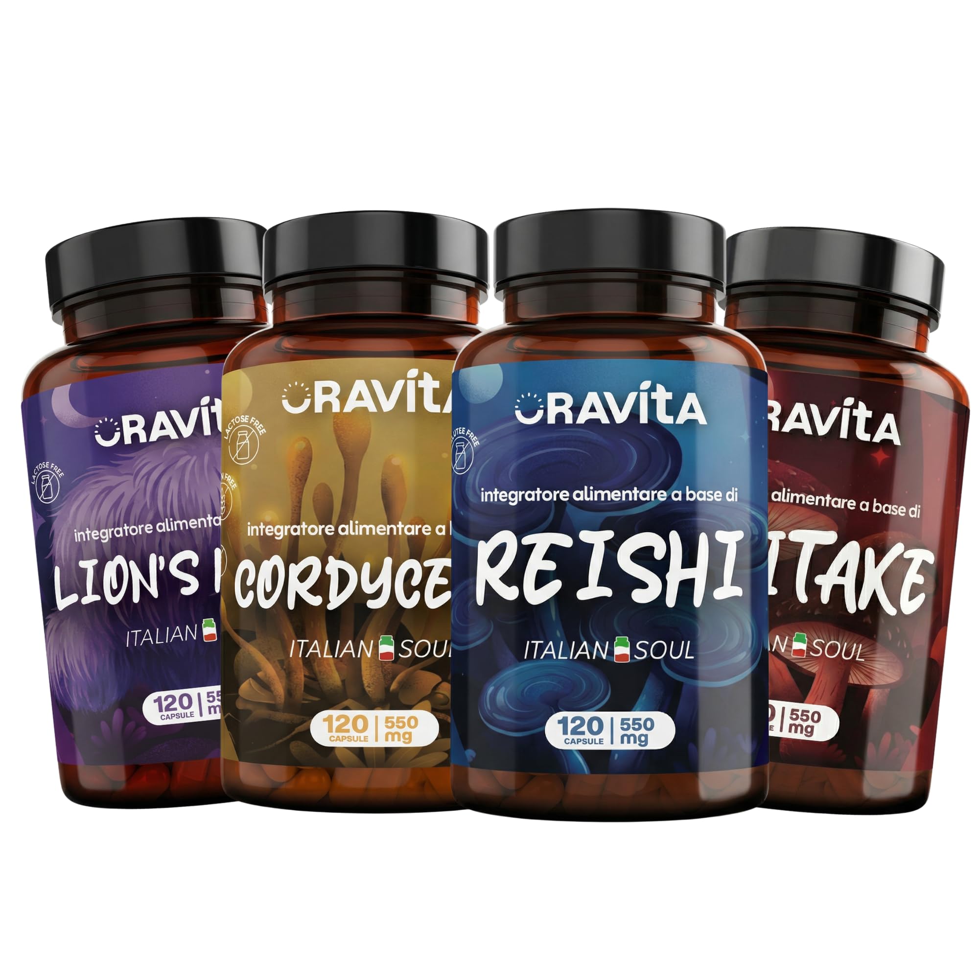 Kit Integratore Funghi Medicinali: Reishi, Lion's Mane, Cordyceps, Shiitake – Cortisolo, Memoria, Energia, Difese Immunitarie e Stanchezza Fisica e Mentale – 4 Flaconi da 120 Capsule Vegetali ORAVITA