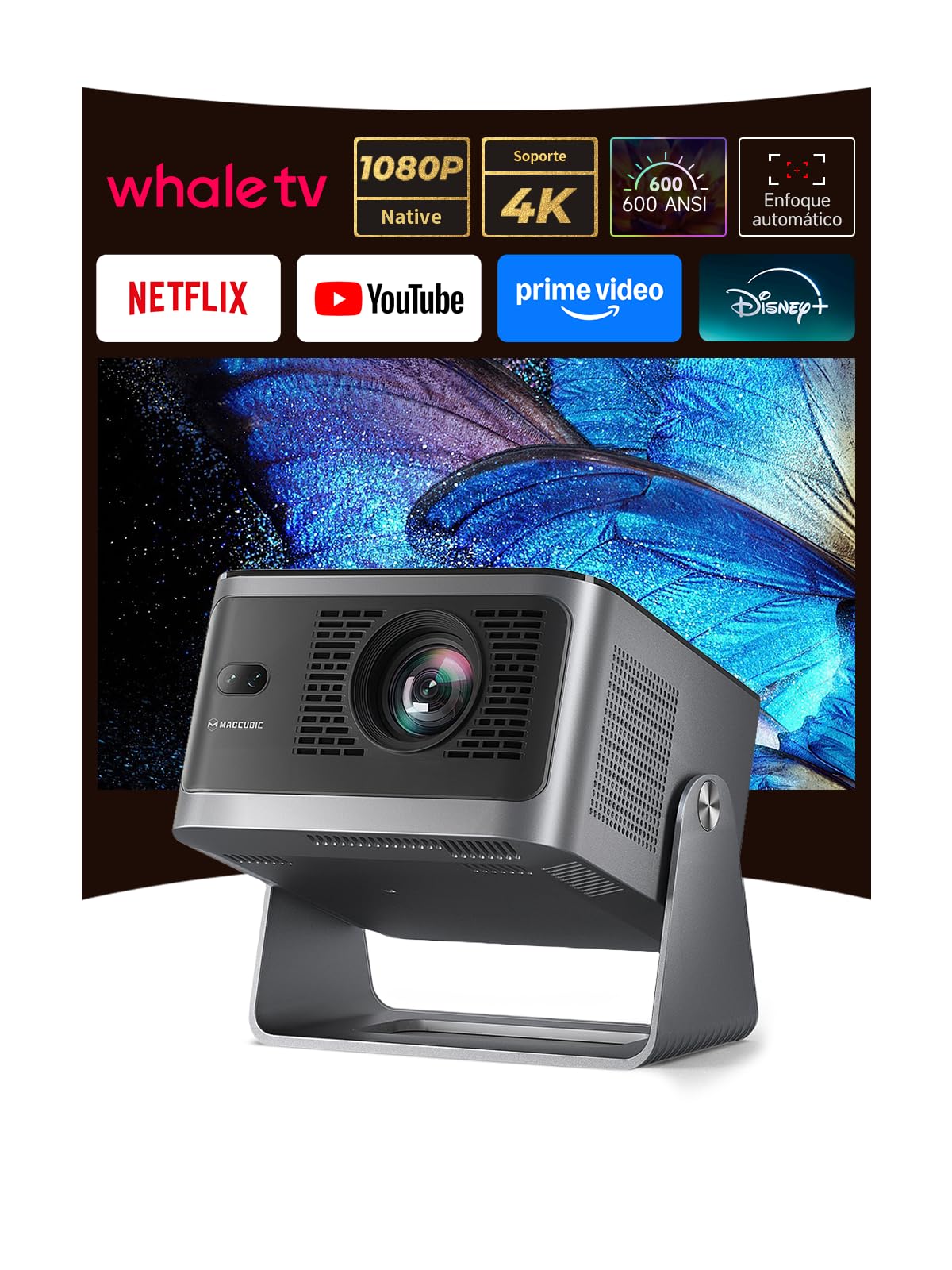 Magcubic Proyector 4k Soporte Nativo 1080P 【Compatible con Netflix】 | Proyector Portatil con enfoque automático, Bluetooth & WiFi y proyección 320° para cine en casa y exterior cine jardin