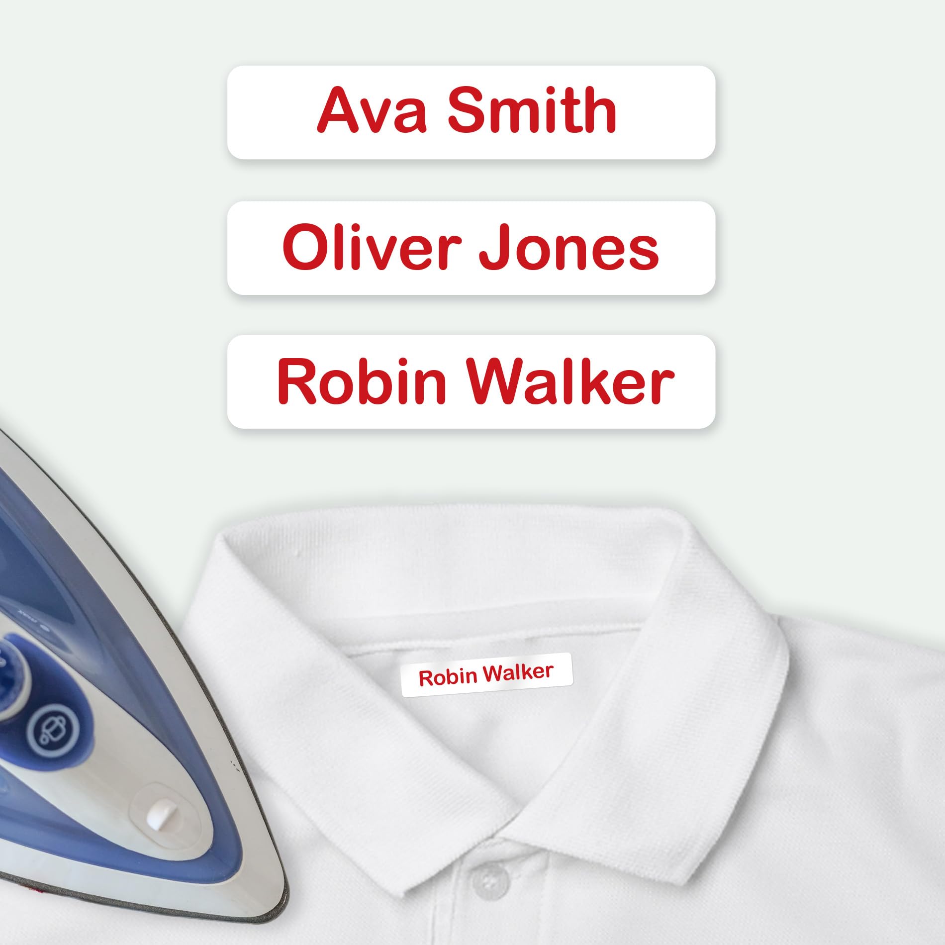 EASY2NAME Iron on Name Labels - Personalised Kids Clothing Label. Permanent Ink and Flexible Material. Washing Machine and Dryer Safe. Size: 9mm x 52mm. (Red 120)