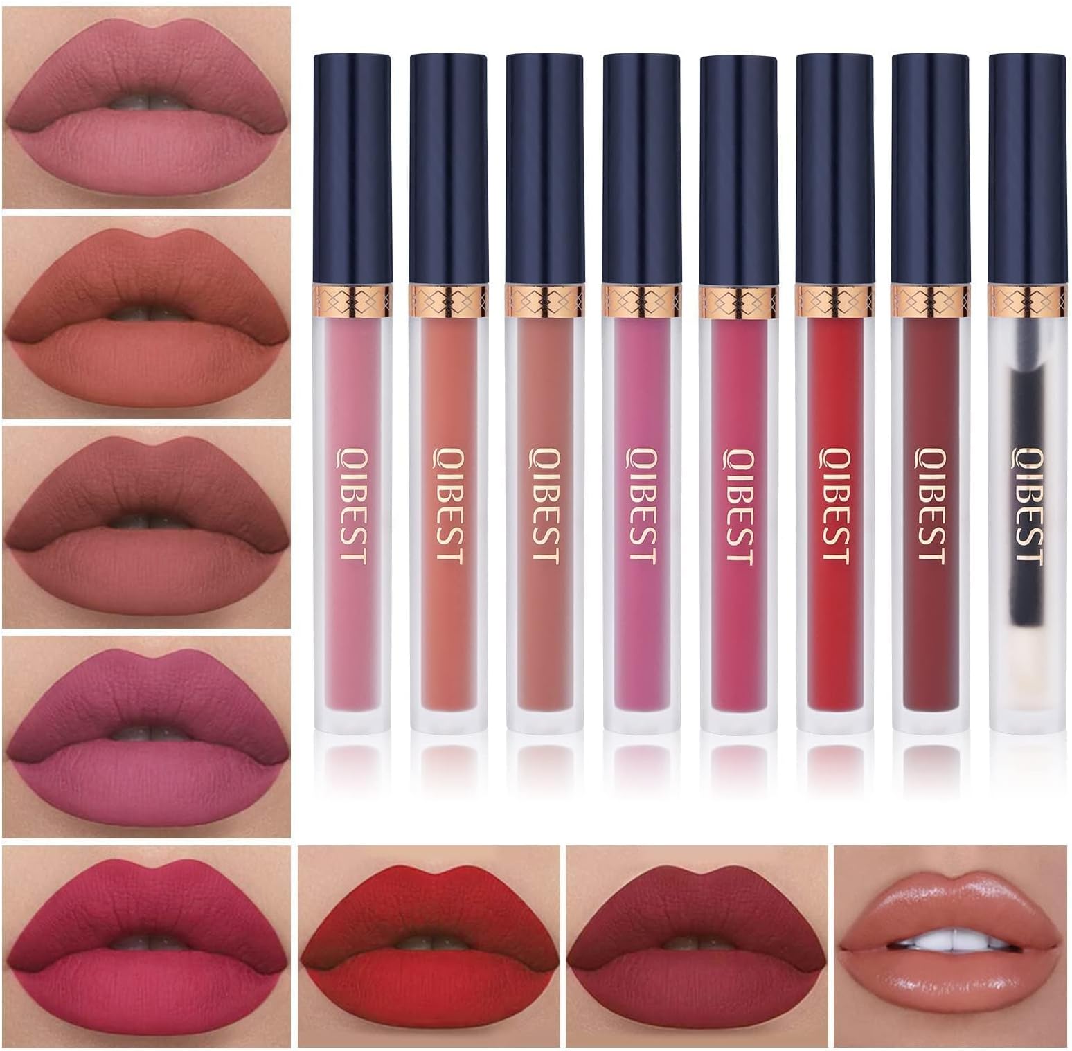 7Pcs Matte Liquid Lipstick + 1Pcs Lip Plumper Makeup Set Kit, Long Lasting Waterproof Velvet Lip Gloss Set, Pigmented Halloween Lip Makeup Gift Sets for Girls and Women
