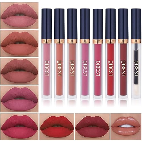QiBest 7Pcs Matte Liquid Lipstick + 1Pcs Lip Plumper Makeup Set Kit, Pigmented Long Lasting Lip Gloss Set, Velvet Waterproof Halloween Lip Makeup Valentine's Gift Sets for Girls and Women