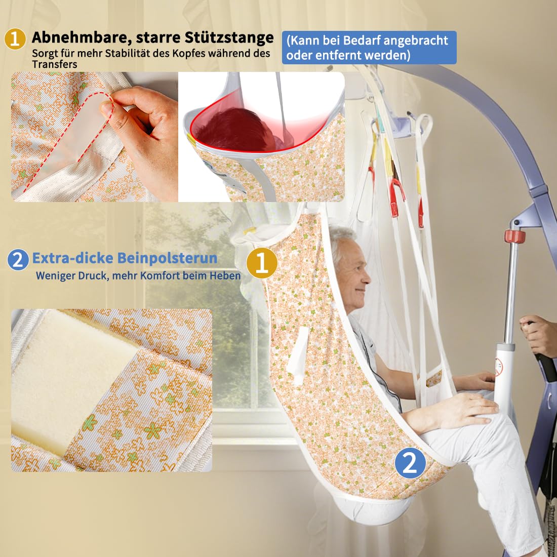 Patientenlift-Gurt mit geteilten Beinen und Kopfstütze, gepolsterter U-Hebegurt zum Transfer & Heben in Krankenhaus, Pflegeheim & Zuhause – Tragfähigkeit 500 lbs (Farbe Warm Blossom, Mittel)