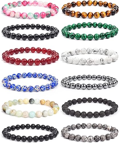 BOMAIL 12 pulseras de piedras preciosas semipreciosas naturales, pulseras redondas de cuentas de 0.315 pulgadas para hombres y mujeres, pulseras