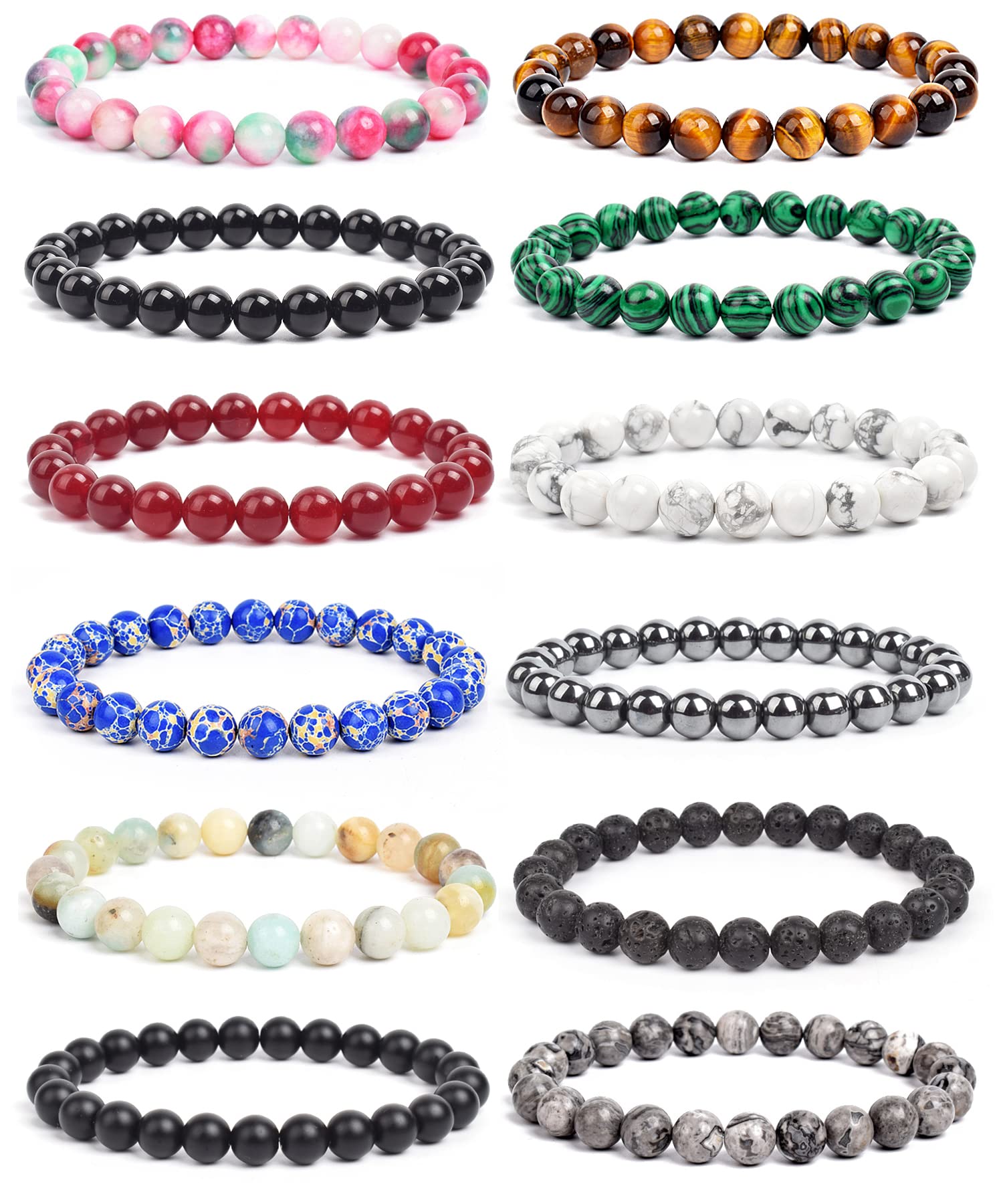 BOMAIL12Pcs Natural Semi-Precious Gemstones Bracelets -8mm Round Beaded Bracelets for Men Women Reiki Healing Crystals Beads Stretch Bracelet