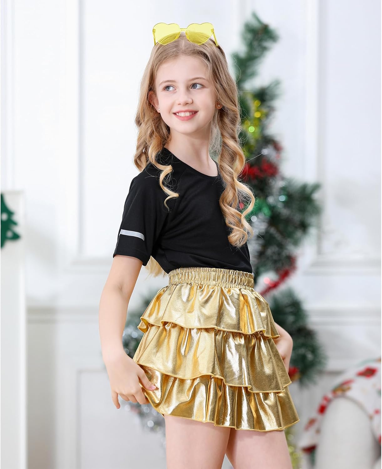 American Trends Girls Metallic Skirts Kids 3-Layers Ruffle Sparkly Skirt with Sunglasses for Girl 4-15 Years - Image 2