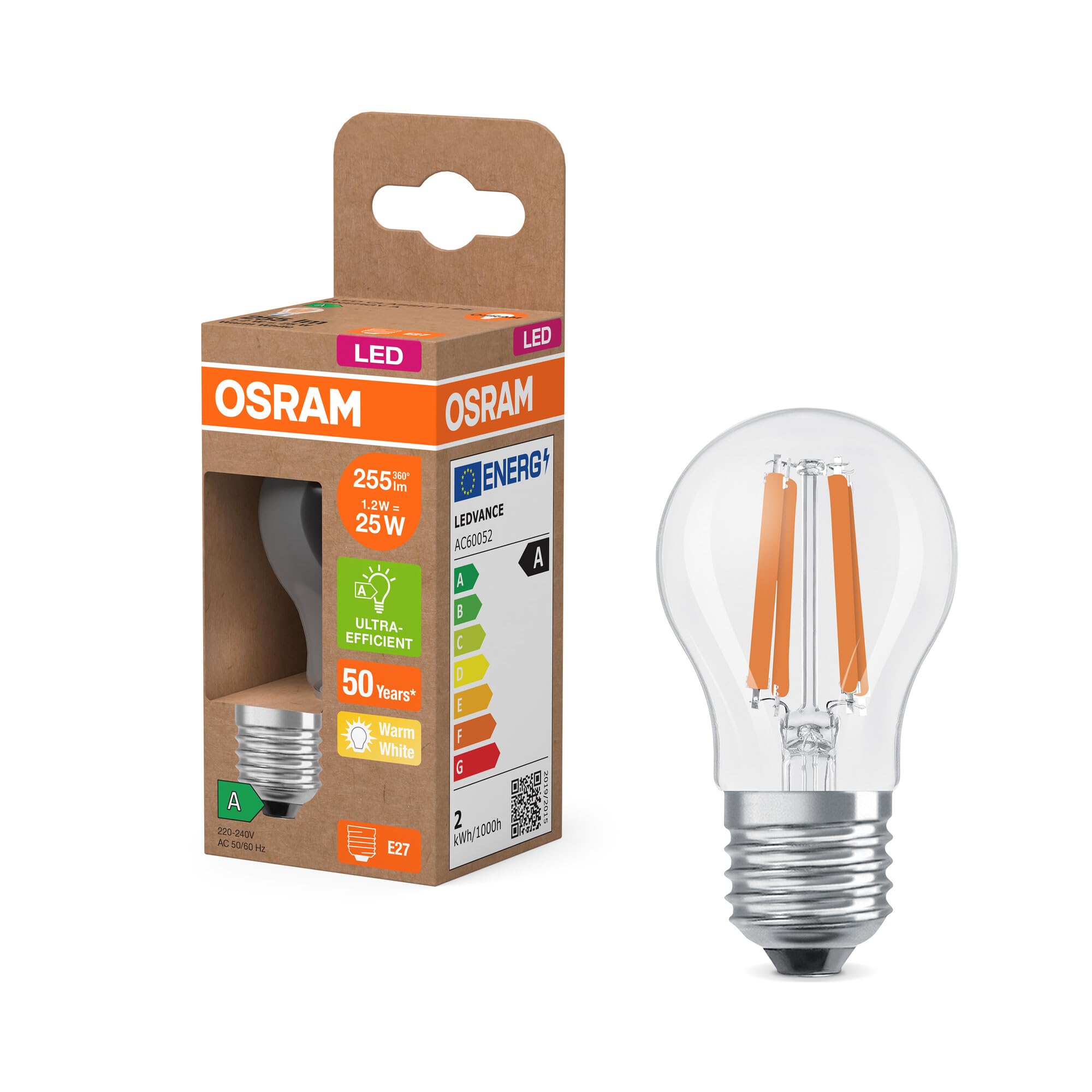 Osram LED-Lampe in klassischer Miniballform, mit dekorativem LED-Filament, Energieeffizienzklasse A, E27, 1.2 W, 255 lm, 2700 K, warmweiß. Ohne Aufwärmen, sofort 100% Licht.