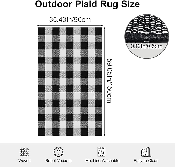 Alfombra Buffalo Plaid 3x5 Negra y Blanca Lavable Interior Exterior miniatura 2
