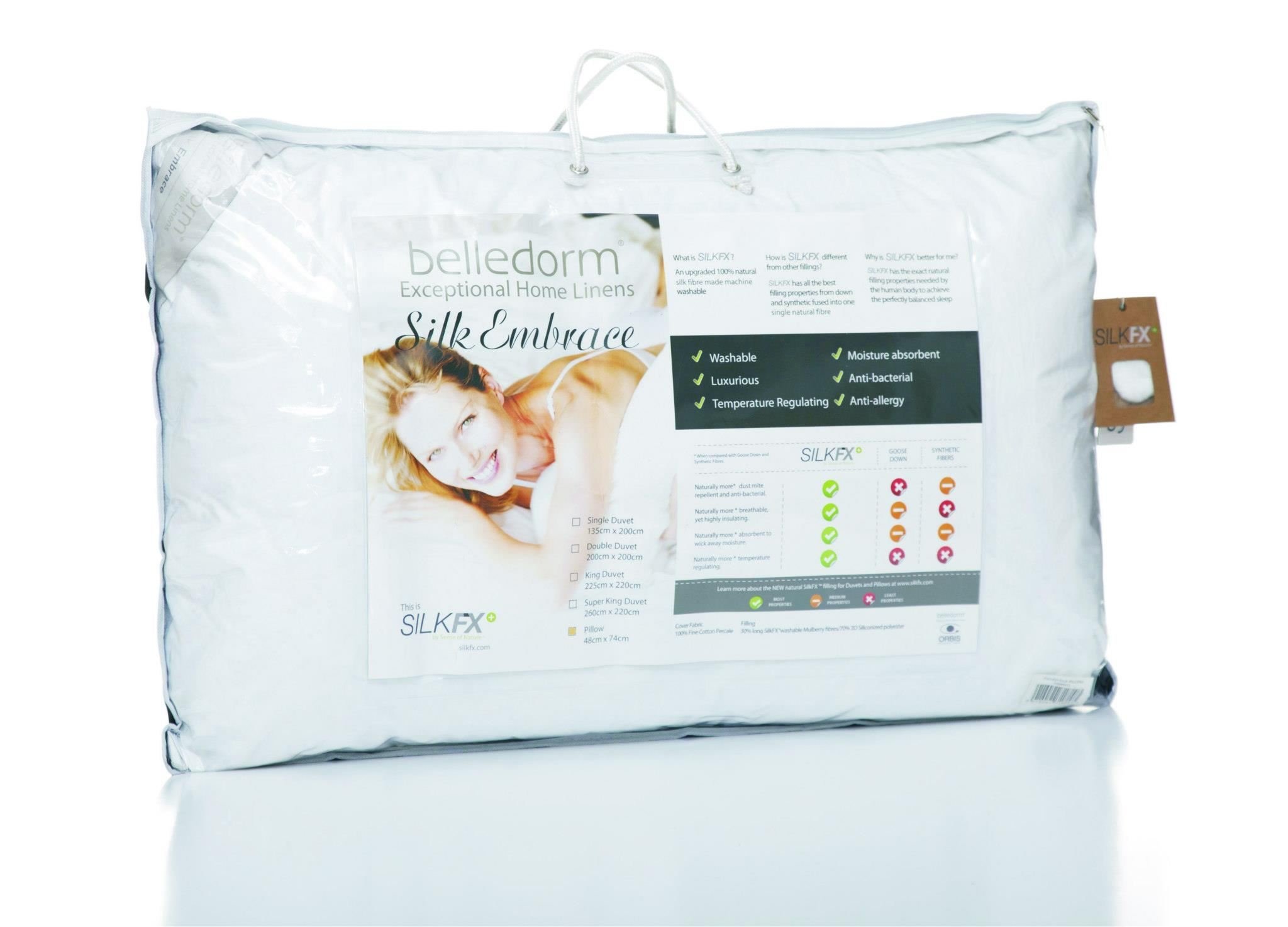 Belledorm Embrace Silk Filled Pillow, White, 48cm x 74cm