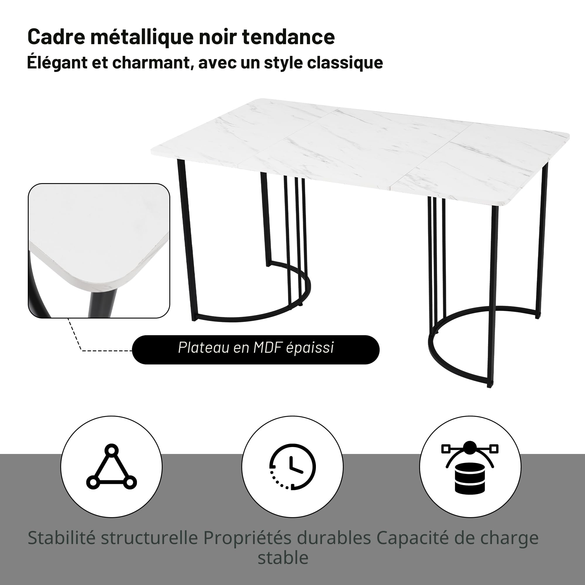 Merax Ensemble de table à manger 140 x 80 cm avec 4 chaises, motif marbre MDF, pieds en métal, chaises rembourrées en velours avec dossier, pour salle à manger, cuisine, salon, noir et beige