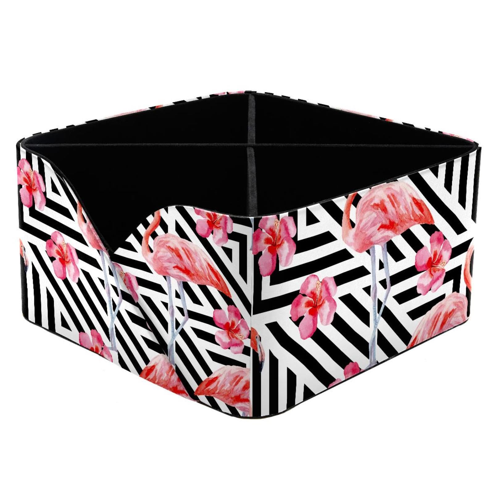 KengjuTesu Tropic Pink Flamingo and Hibiscus Flower Geometric Pattern Desktop Organizer Pen Holder, Rectangular Pencil Cup for Office, Study and Makeup Stations
