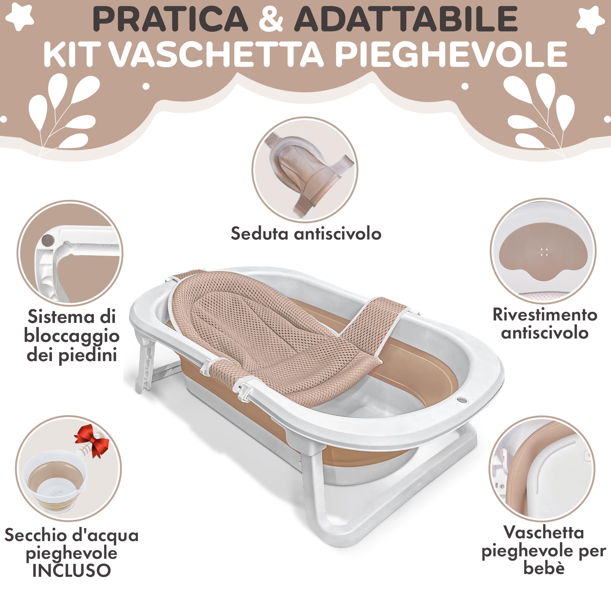FawnsLife - XXL - Vasca da bagno pieghevole per bambini con seduta confortevole e tappeto al ginocchio - Qualità superiore e pratica per piccoli spazi e spostamenti