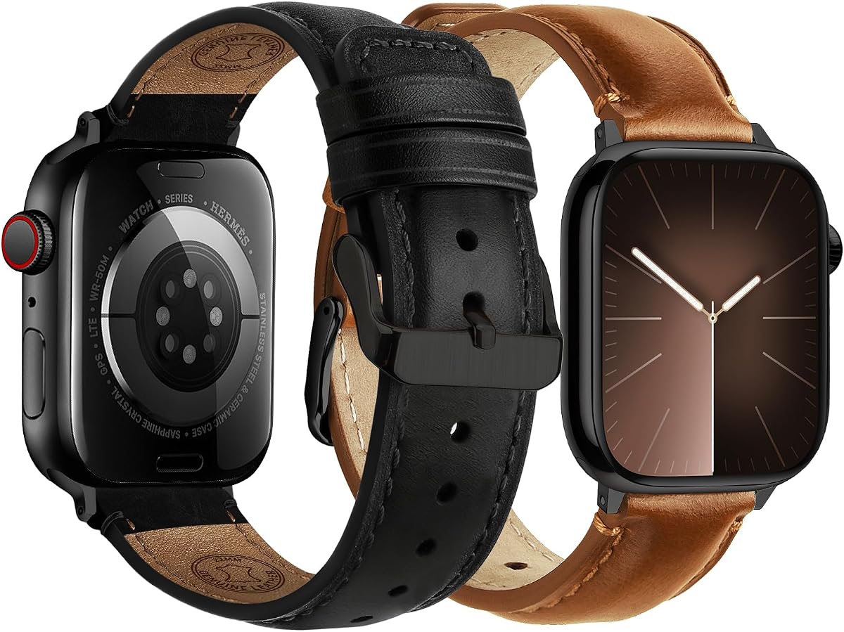 Bandas Fullmosa para Apple Watch 42(S11/10)/41/40/38mm | Fit iWatch Series11 10 9 8 7 6 5 4 3 2 1,SE3/2/1, correas de cuero genuino de grano superior para hombres y mujeres negro y negro/marrón y negro
