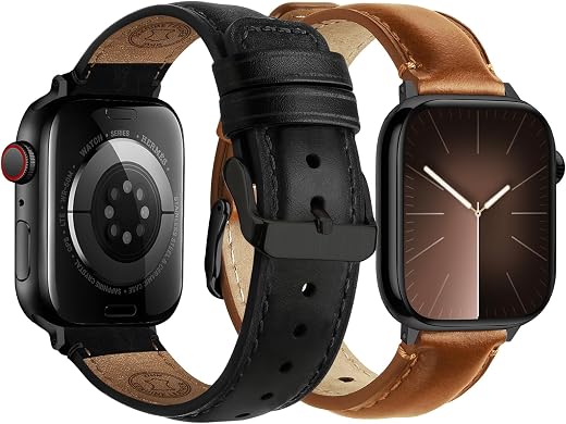 Fullmosa 2 Pack Leather Band Compatible with Apple Watch Bands 42mm(Series 11/10) 41mm 40mm 38mm,Top Grain Genuine leather...
