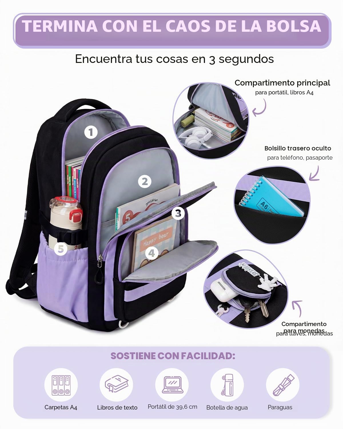 Amythe Mochila Escolar Niña - Grande Ligera para Portátil 15.6", Morado