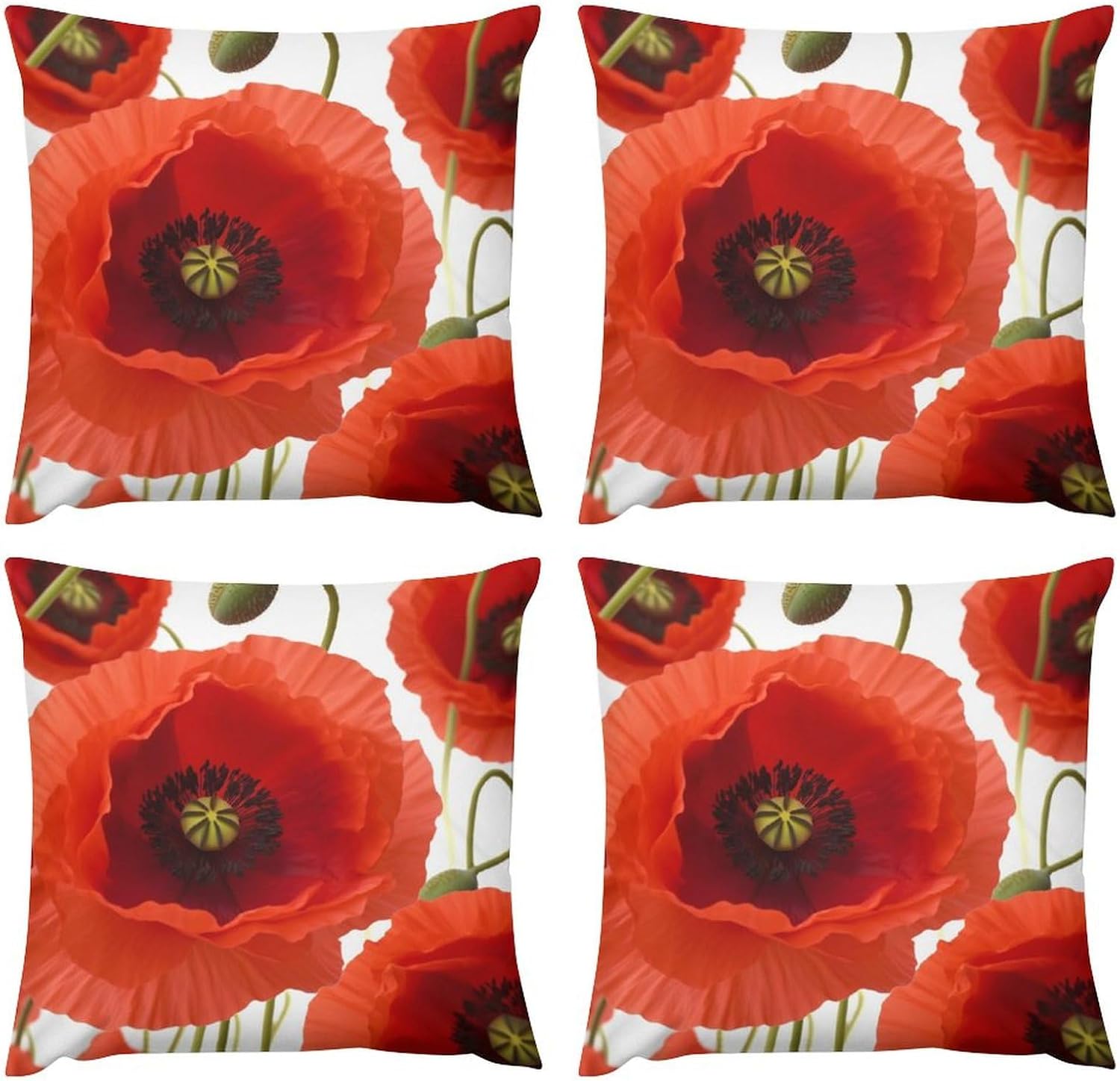 Zippered Pillow Cover, Pillow Protector, Poppy Flowers Printed Pillow Cover of 4, Pillow Not Included