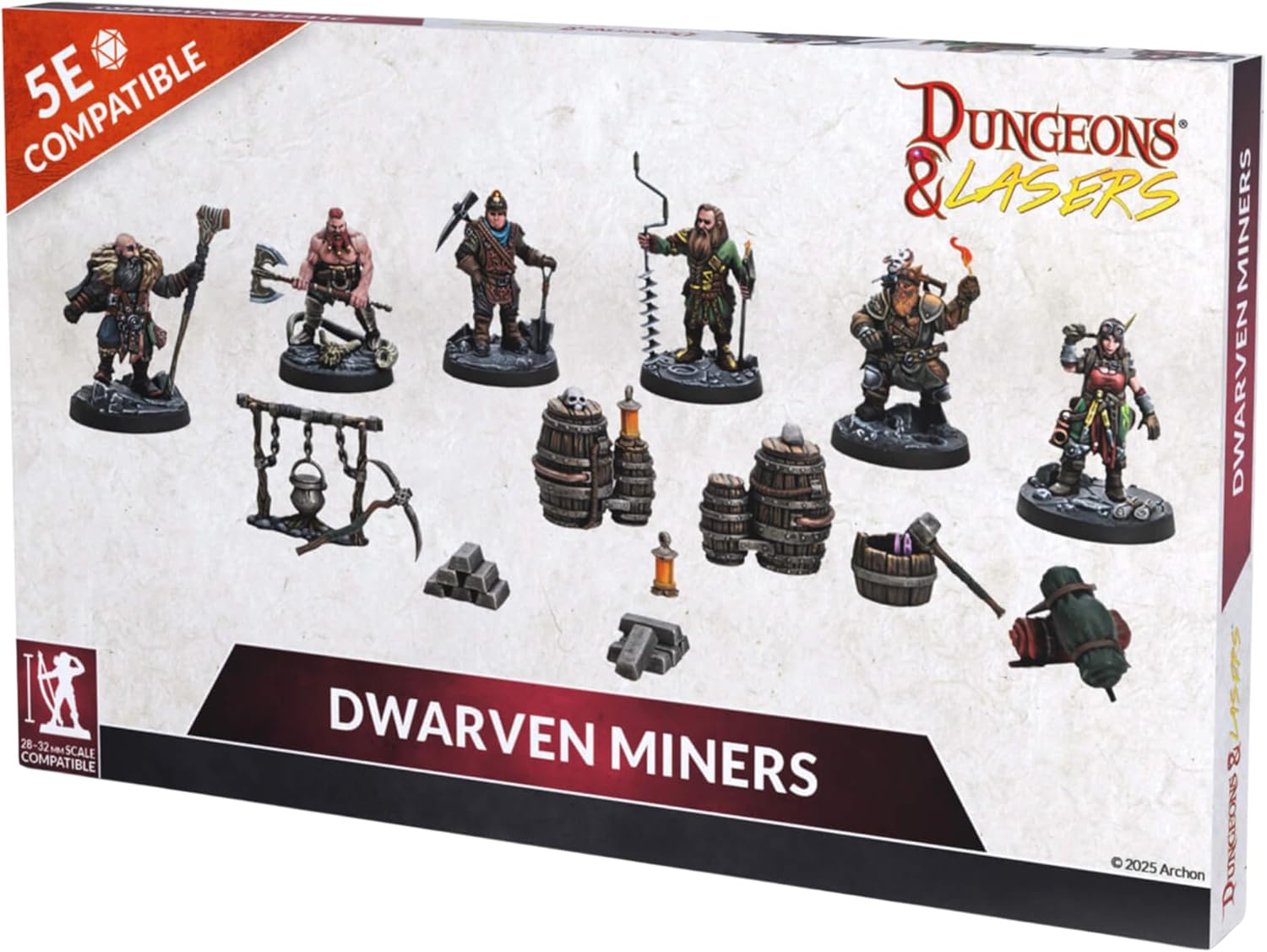 Dungeons & Lasers Dwarven Miners DND Miniatures Set - 6 Model Set with Accessories - 5e Compatible 28-32mm Scale - Assembly and Painting Required - for 14 Years +