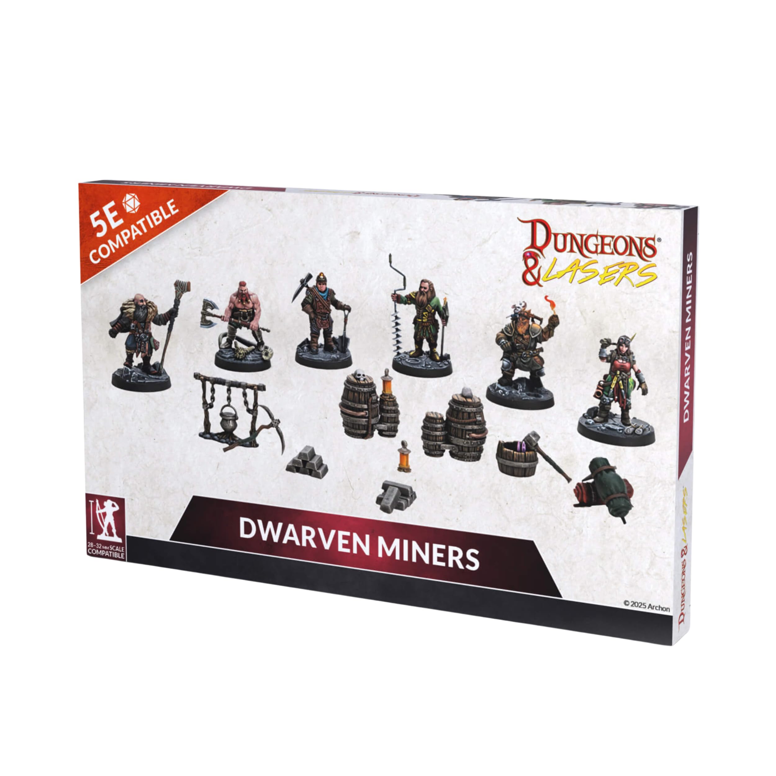 Dungeons & Lasers Dwarven Miners DND Miniatures Set - 6 Model Set with Accessories - 5e Compatible 28-32mm Scale - Assembly and Painting Required - for 14 Years +