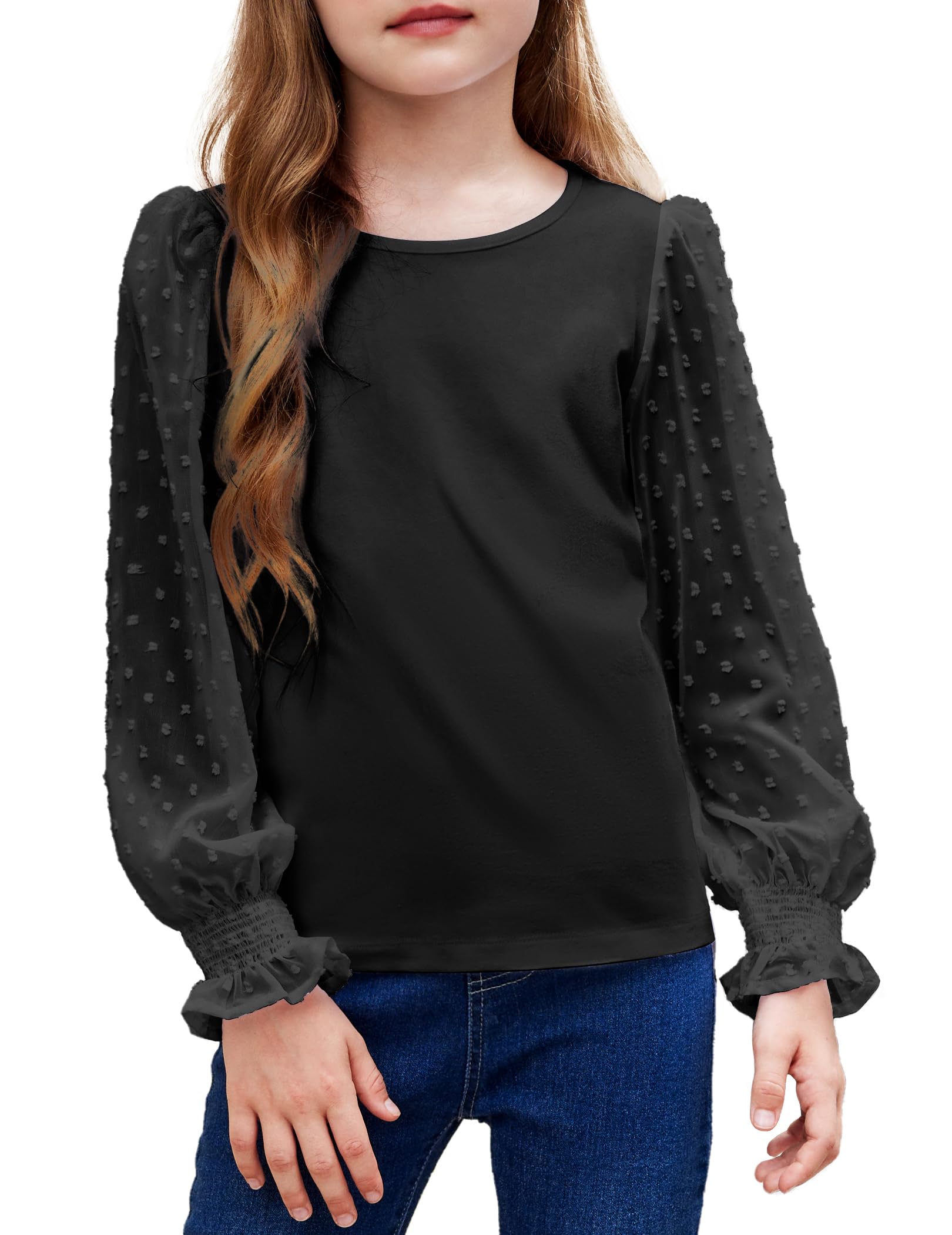 Arshiner Camicia a Maniche Lunghe da Ragazza con Polsini con Volant a Punto Smock, Pois svizzeri, Magliette per Bambini, graziosa Camicetta Girocollo per Ragazze 5-12 Anni