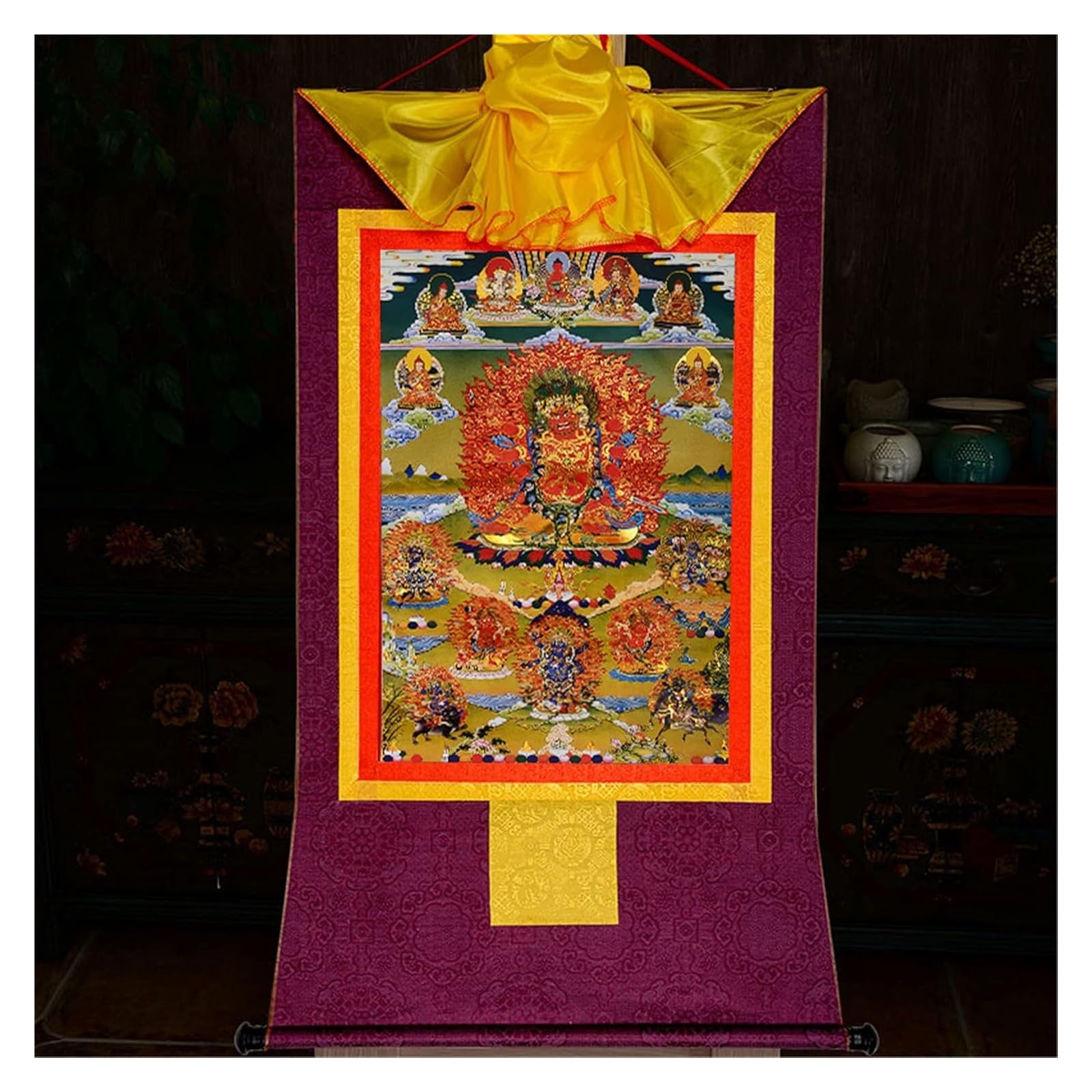 Thangka-Gemälde, tibetisches Thangka, Thangka-Gemälde, buddhistischer Wandteppich, Hayagriva (Yaksha-Begleiter, Weisheitskönig), tibetische Thangka-Malkunst, buddhistischer Thangka-Brokat, Buddha-Wand