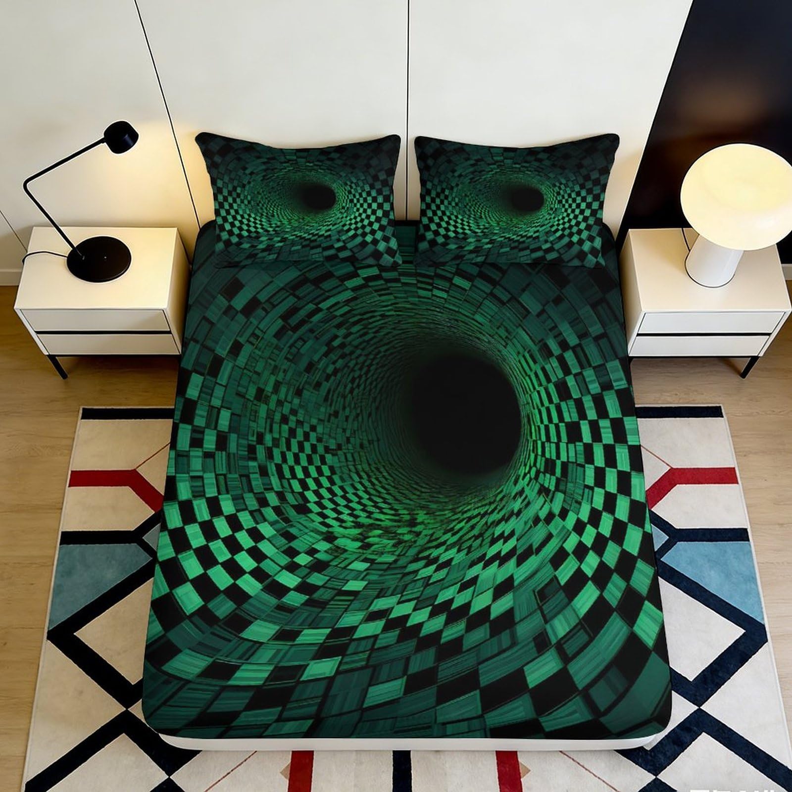 3D Printed Green Vortex Fitted Sheet Microfiber Soft Anti-Slip Illusion Tunnel Bed Cover for Bedroom Dorm Mattress Protection 200x200x25cm