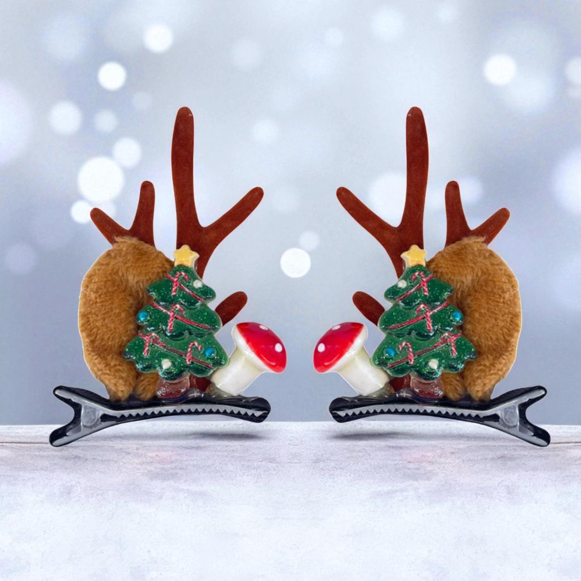 OMID, Christmas Reindeer Antler Hair Clips with Tree and Mushroom Decoration (Pair) 1