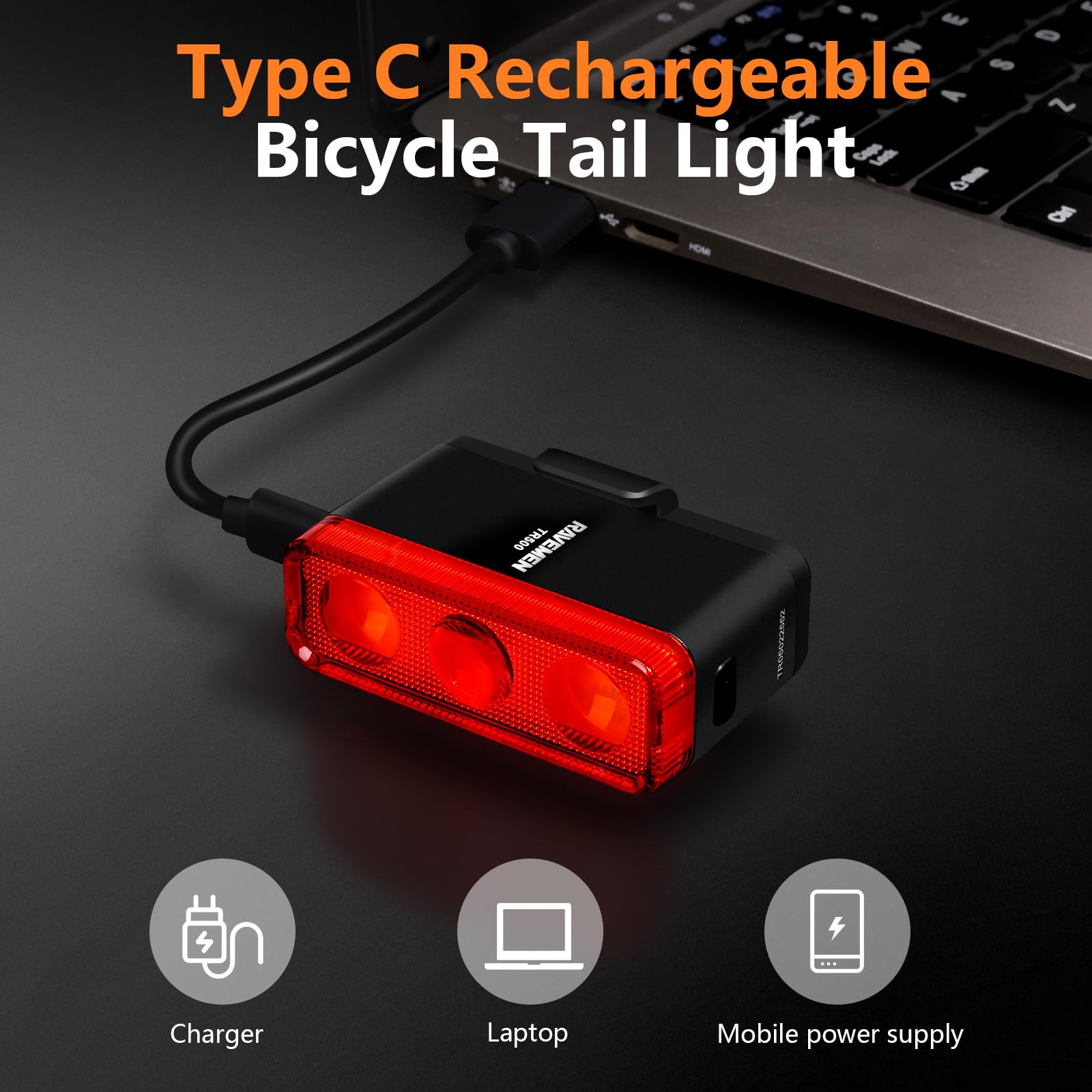 RAVEMEN TR500 Feu arrière de vélo 500 lumens pour conduite de jour et de nuit, feu arrière de vélo avec détection de freinage, visibilité latérale, 6 modes d'éclairage, rechargeable par USB C, tige de