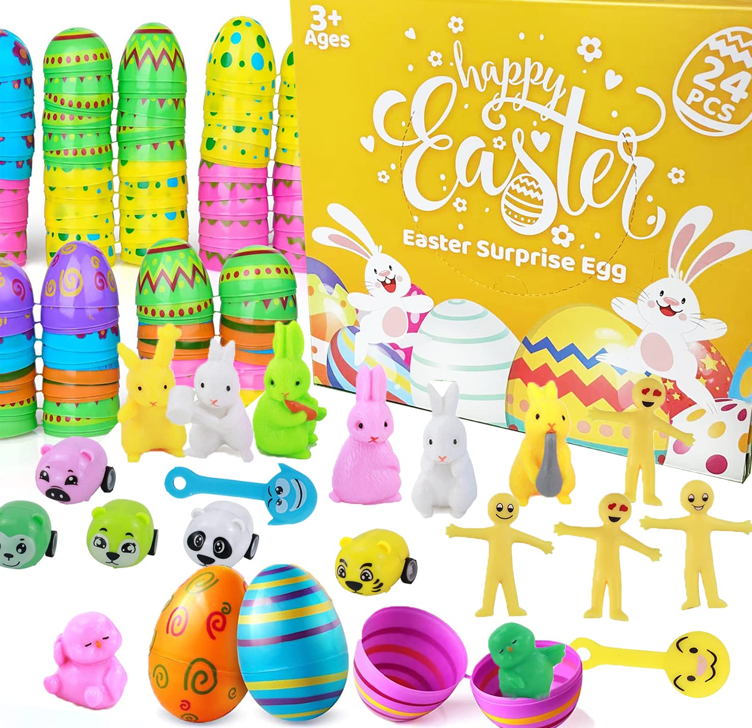 Easter Eggs with Toys Inside-24 PCS Colorful Easter Eggs+24 PCS Toys Easter Egg Fillers Easter Basket Stuffers-Surprise Egg for Easter Egg Hunt, Easter Basket Stuffers and Kids Birthday Party Favors