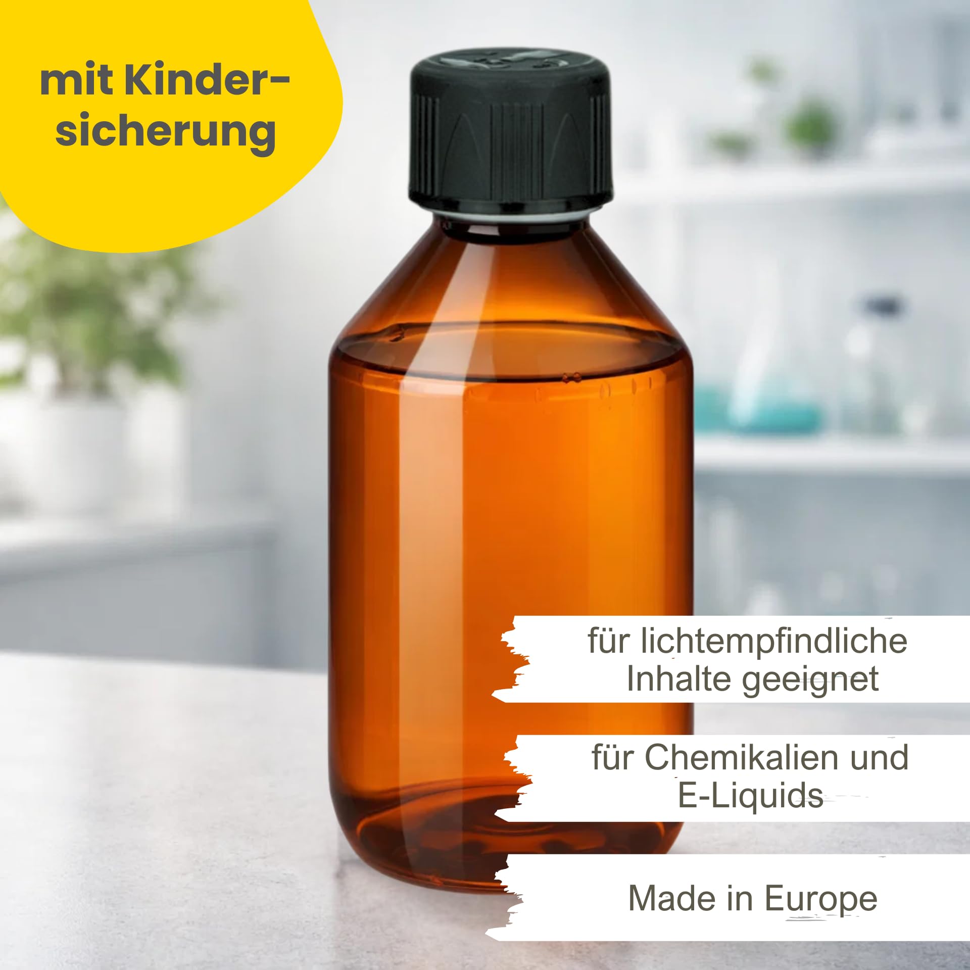 mikken 2x Braune Laborflaschen 250 ml Kunststoff Flaschen für e-Liquid, Chemikalien, etc. + Etiketten