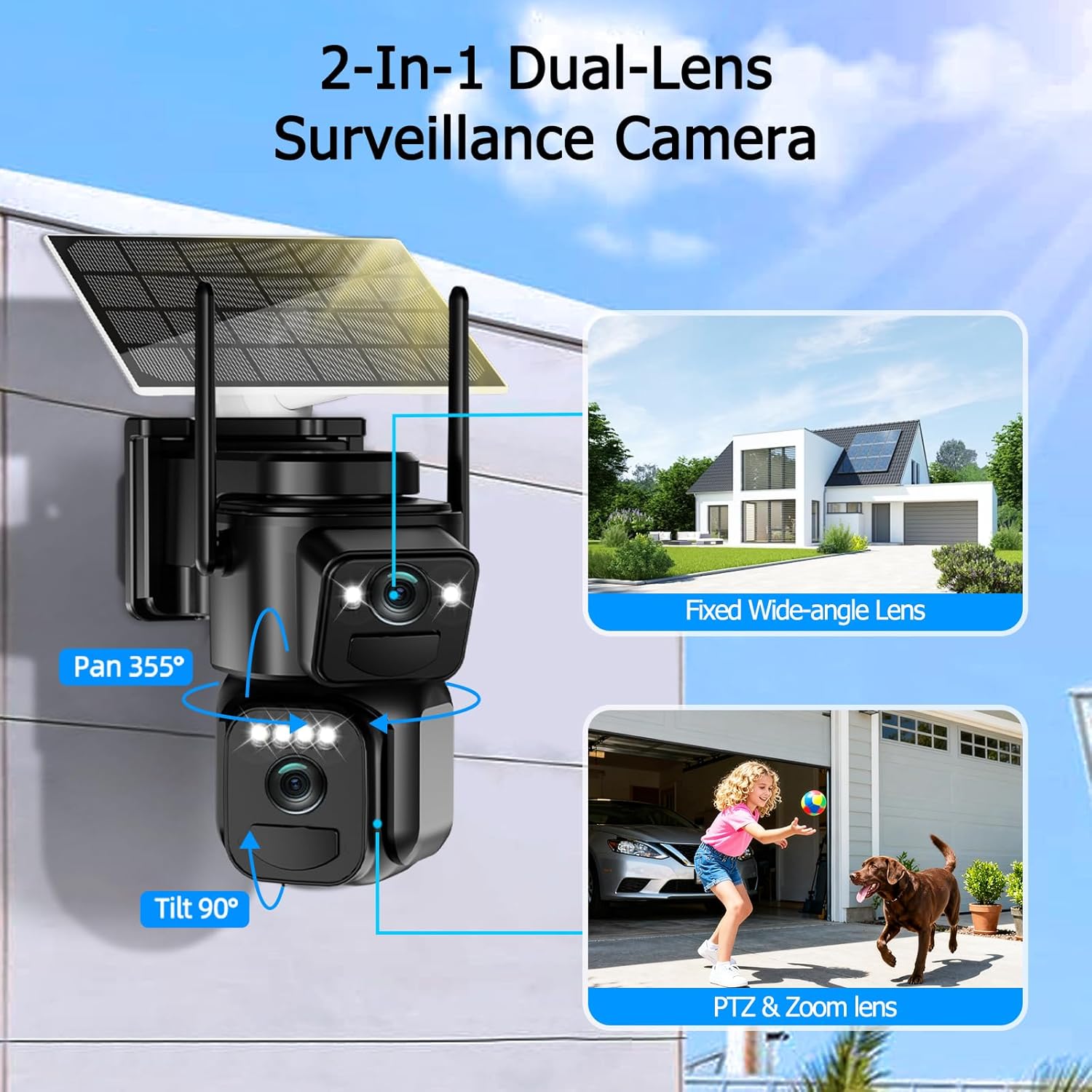 Dual Lens Solar Security Cameras Wireless Outdoor, 5G/2.4G WiFi 6, 360° PTZ Home Security Camera with 6MP Color Night Vision, Motion Detection, Spotlight Siren, 2-Way Audio, Waterproof - Image 3