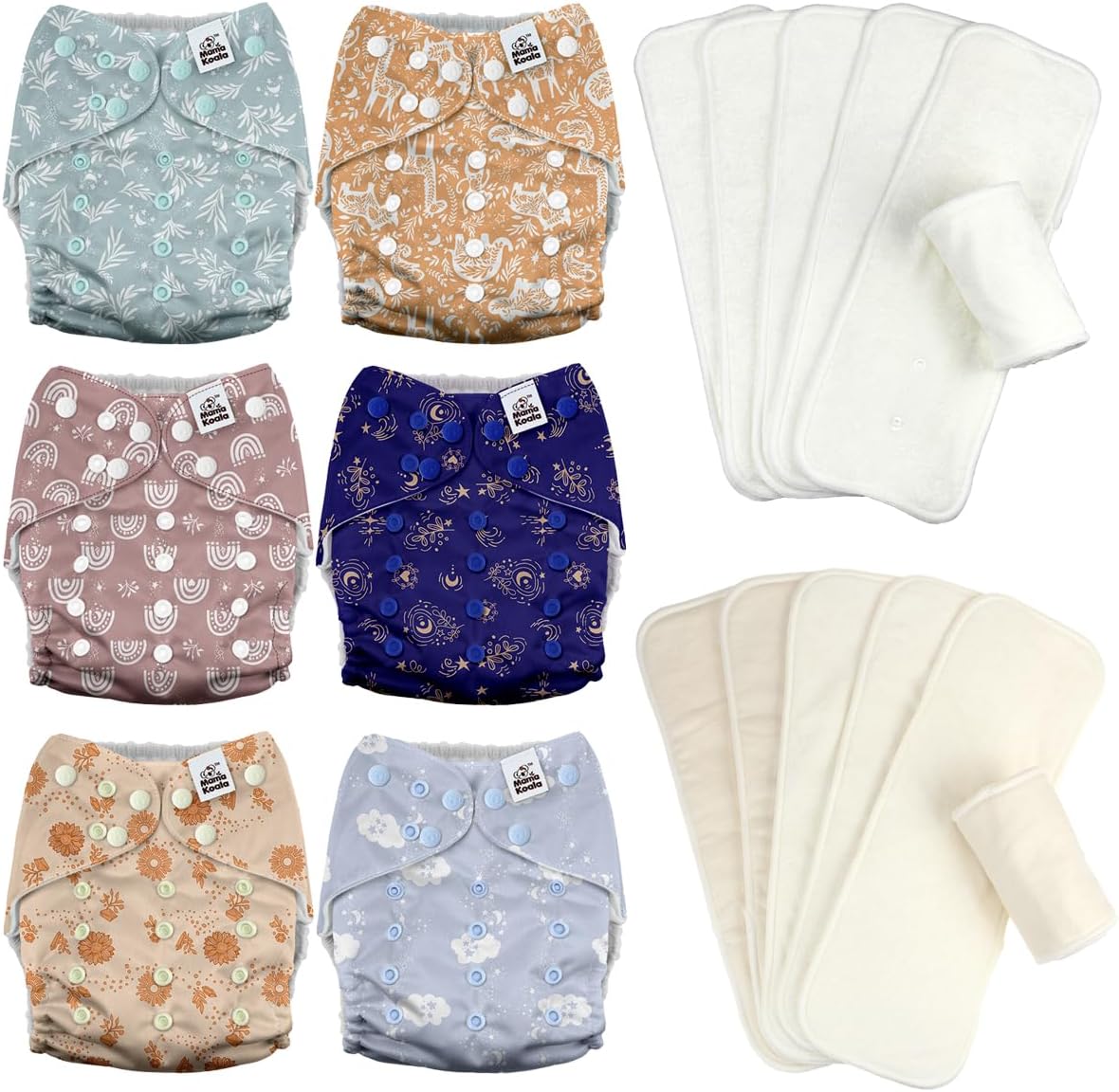 Mama Koala 3.0 Baby Cloth Diapers with 6 Inserts Bundle, with 6pcs 6-Layer Bboo Hemp Cotton Inserts