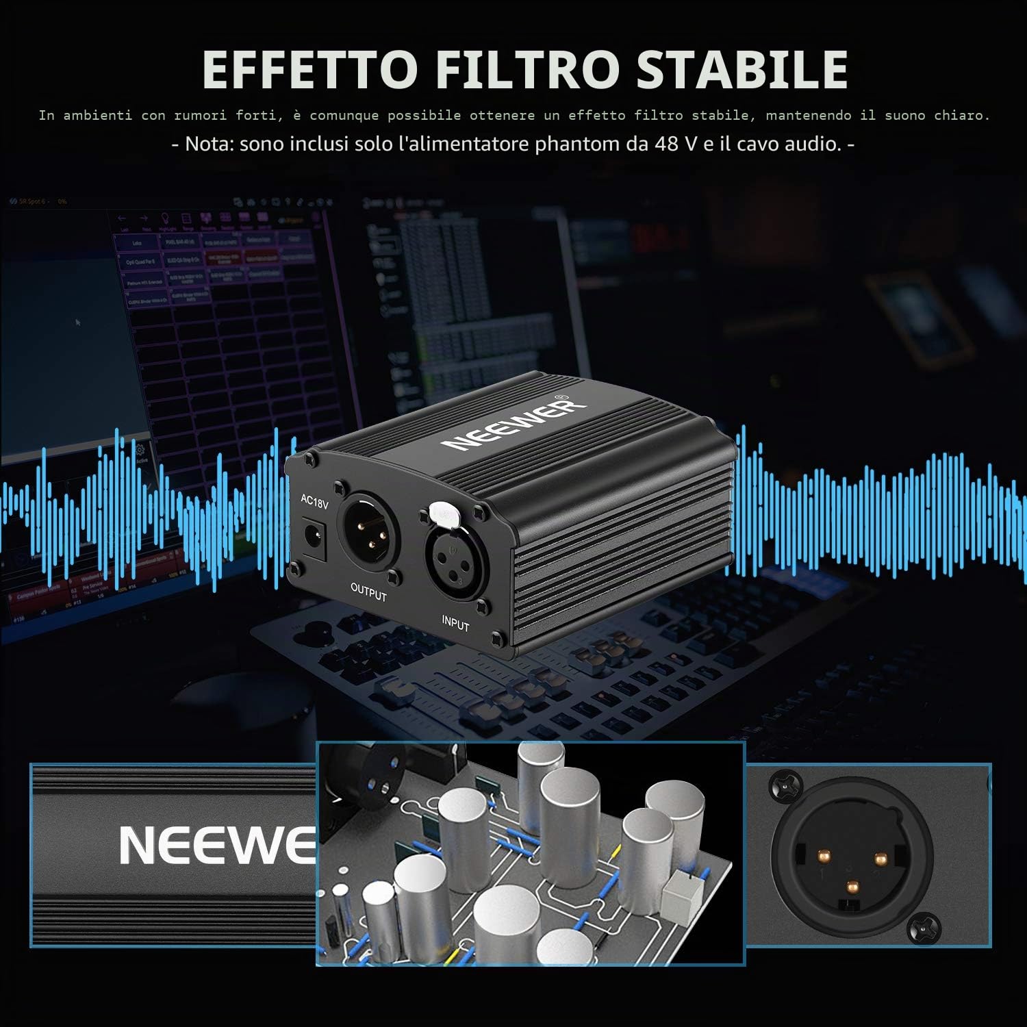 NEEWER Alimentazione Fantasma a 1 Canale 48V con Adattatore e un Cavo XLR Audio a 3 Pin per Tutti i Microfoni a Condensatore e le Apparecchiature di Registrazione
