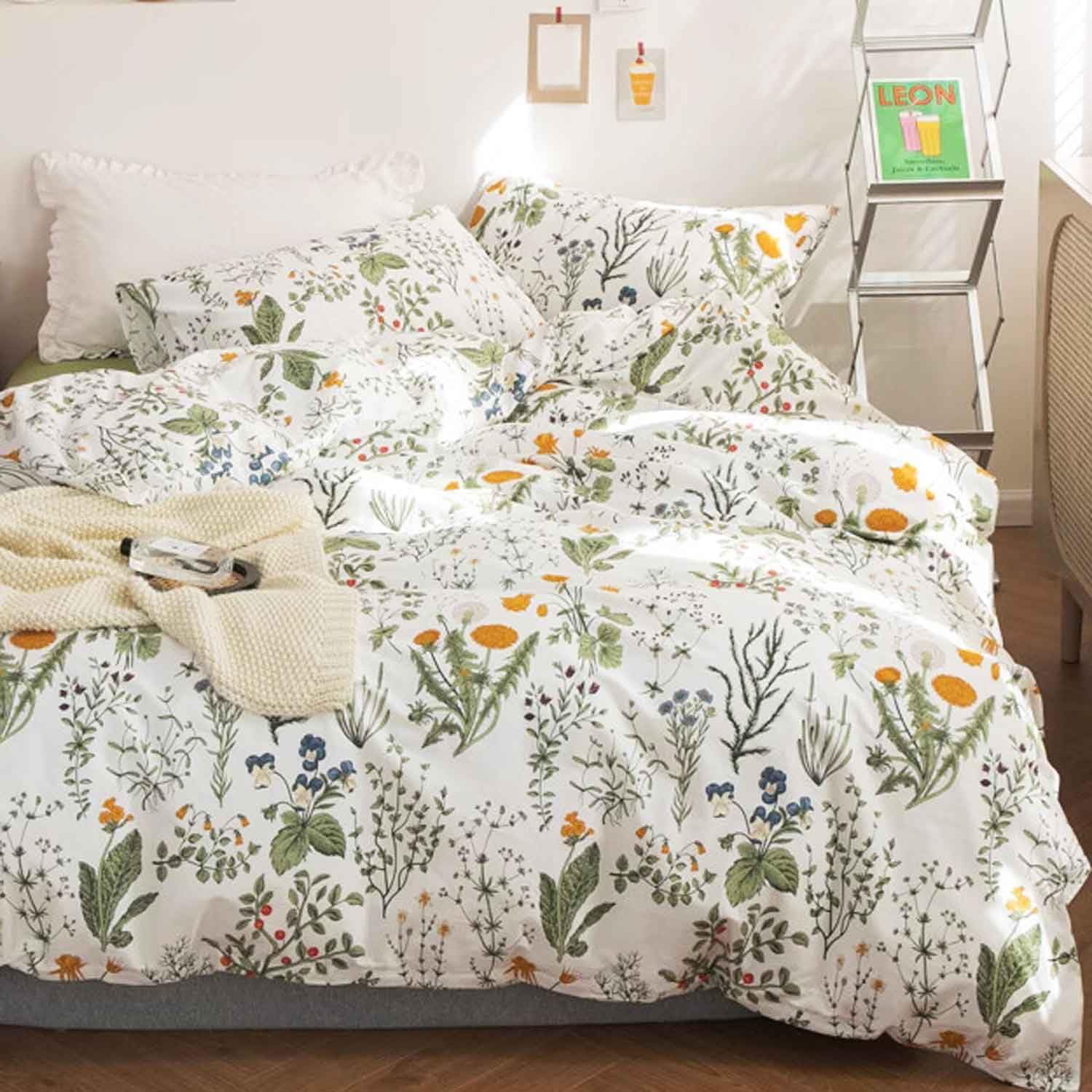 Faincy Floral Duvet Cover Queen Size 3PC Set - Soft Breathable Microfiber Blue Green Botanical Pattern, Farmhouse Bedding with Zipper Ties