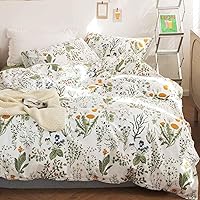 Faincy Floral Duvet Cover Queen Size 3PC Set - Soft Breathable Microfiber Blue Green Botanical Pattern, Farmhouse Bedding with Zipper Ties