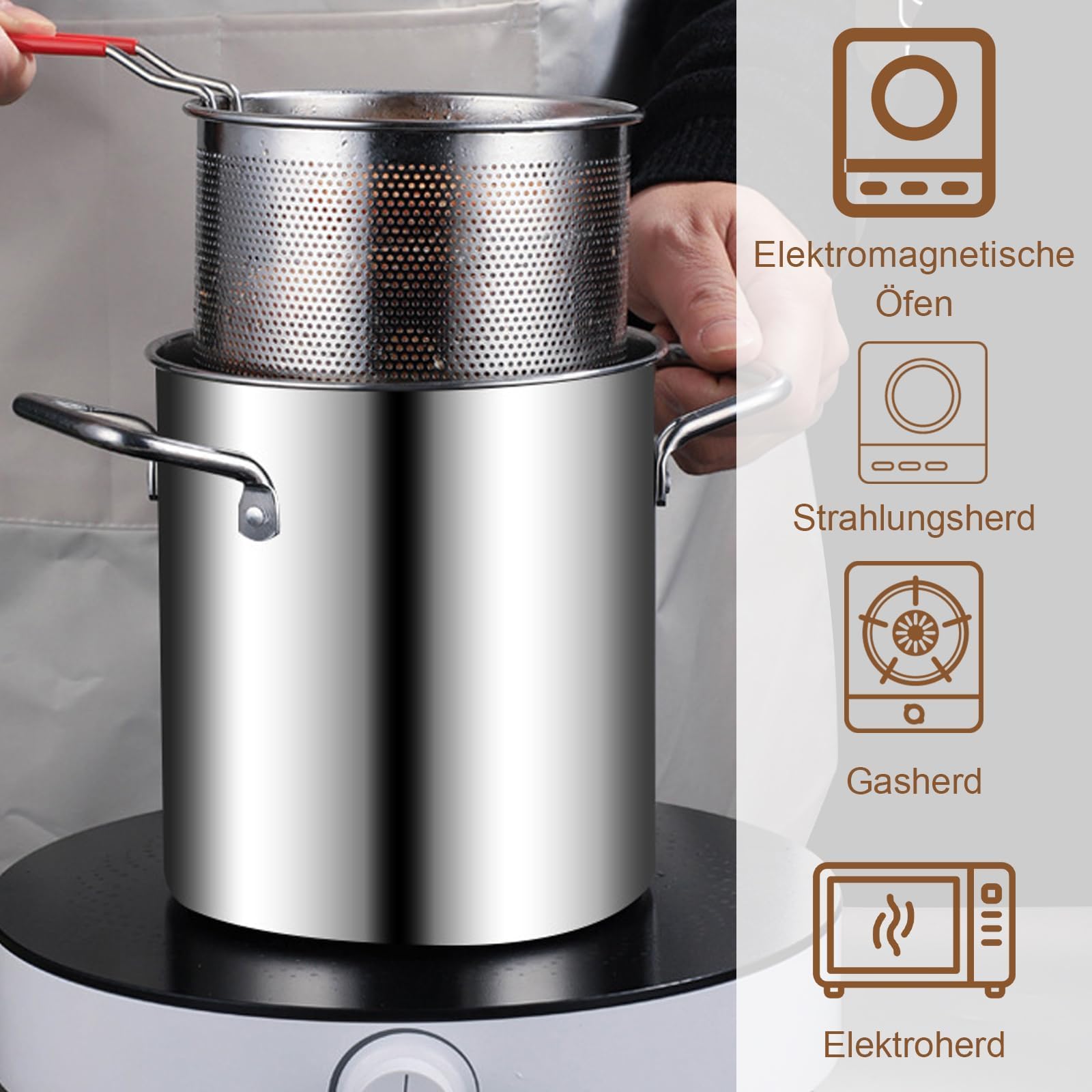 Pentola per asparagi in acciaio inox, 3 l, alta pentola, setaccio con manico, asparagus pot, pasta pot, friggitrice con pinze e vetro Lid, per una varietà di piani cottura e lavastoviglie