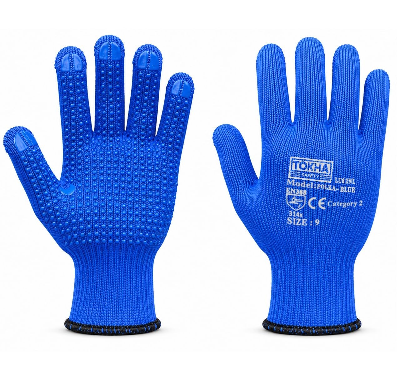TOKHA SAFETY 24 Pairs Polka PVC Dotted Cotton Liner Gloves – Pick & Go Grip Gloves for Packing, Moving, Warehouse, Gardening & General Hand Protection (Blue, Medium (8))